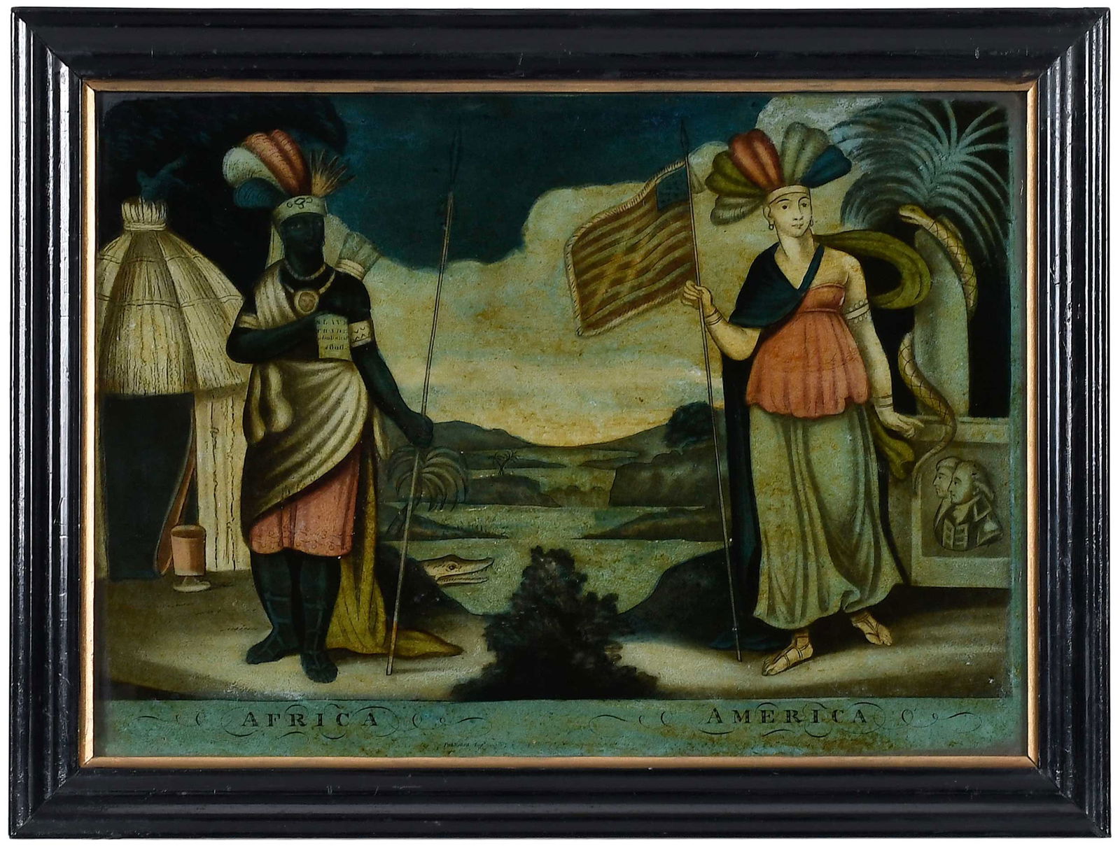 W. B. Walker, Publisher, Africa and America: (British, active 1801-1814)Africa holding spear and scroll inscribed "Slave Trade Abolish'd 1806", America holding flag and pointing to memorial of Washington and Franklin, 1807, W. B. Walker,