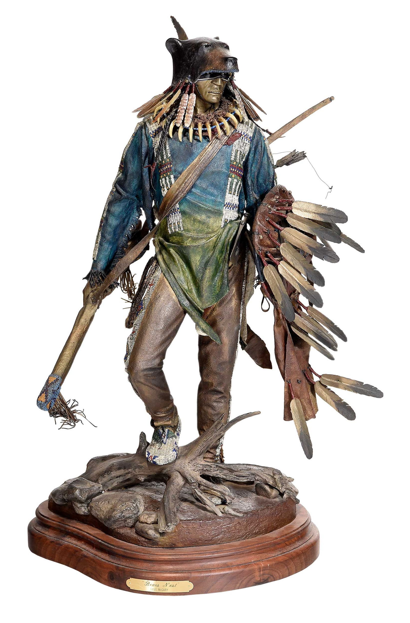 Dave McGary, Bear's Nest: (American, 1958-2013) 1994, maquette edition 19/50, from the Warriors Series, signed and editioned on base verso, patinated and polychromed bronze on rotating wood base, approximately 23-3/4 x 17 x 12