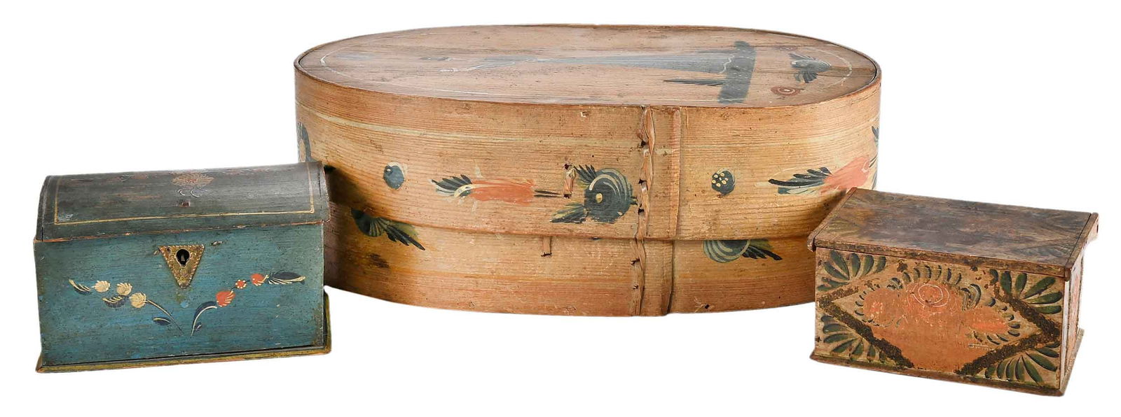 Three Early Paint Decorated Folk Art Boxes: American/Continental, 19th century, comprising: ovoid pantry or hat box with figural decoration; two miniature floral decorated boxes; largest 6-1/2 x 18 x 10-3/4 in. Provenance: Estate of Joe and Bet