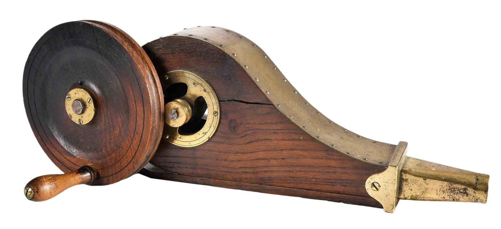 Fine Regency Mechanical Fireplace Bellows: British, 19th century, brass and wood construction with hand crank mechanism, 6-1/4 x 17-3/4 x 8 in. Provenance: Estate of Joe and Betsy Byerly, Greensboro, North Carolina