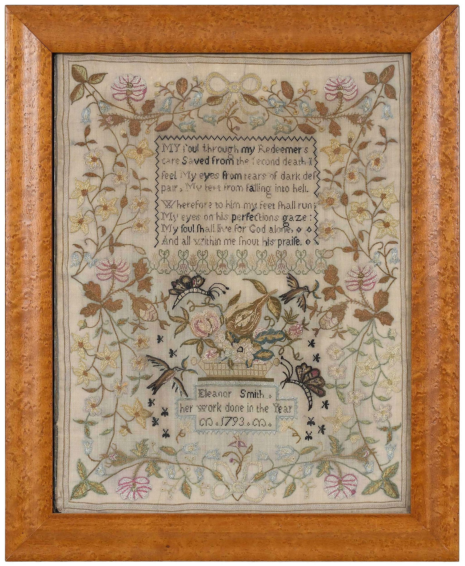 Ornate Framed English Needlework Prayer Sampler, Eleanor Smith: signed and dated "Eleanor Smith, her own work done in the year 1793", with birds, butterflies, and scrolling floral and foliate vinework, sight 16-1/2 x 12-3/4 in.; bird's eye maple frame, 20 x 16-1/4