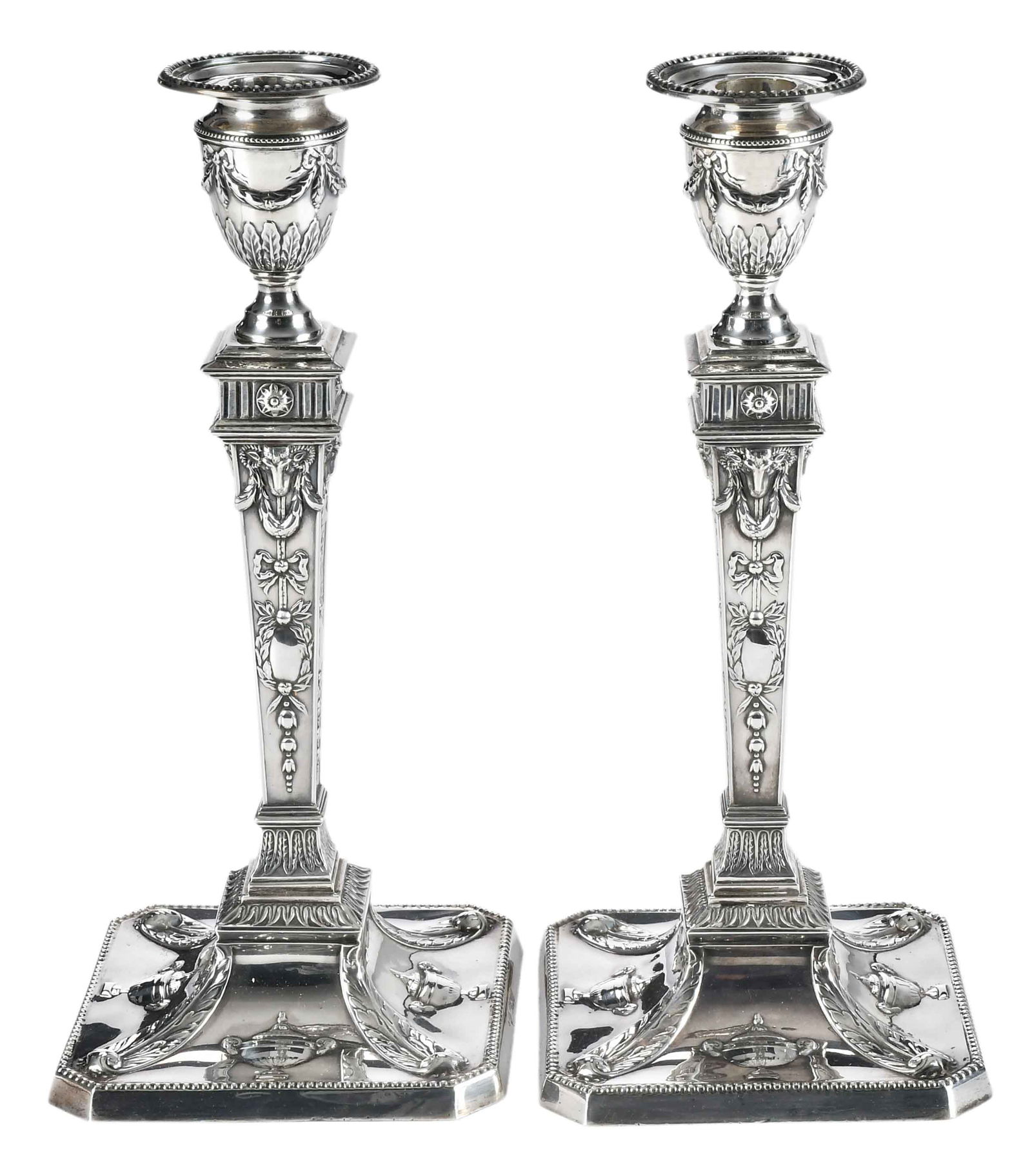 Pair of Victorian English Silver Adam Style Candlesticks