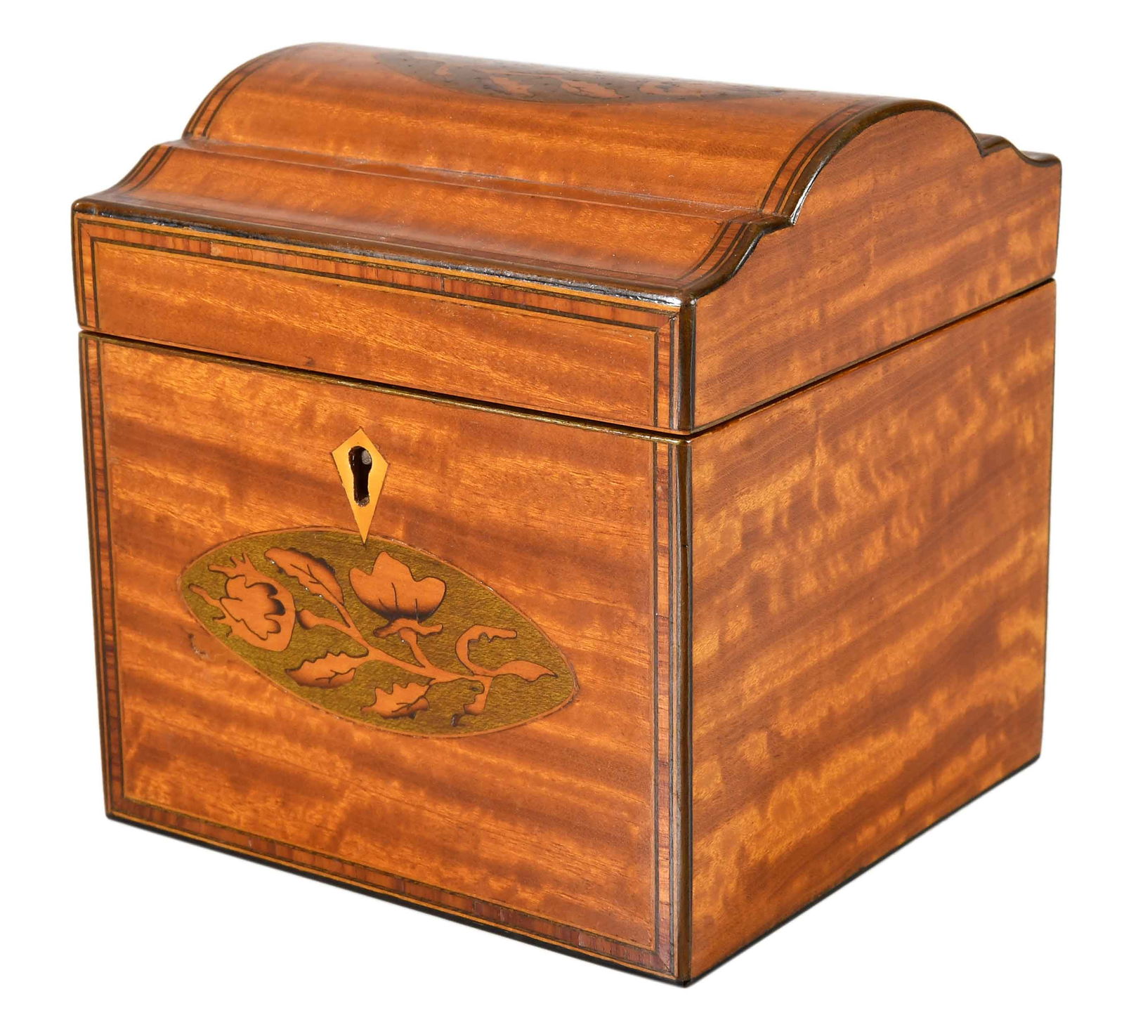 Fine George III Floral Inlaid Satinwood Tea Caddy: late 18th/early 19th century, unusual form with domed lid, highly figured satinwood, 4-3/4 x 4-1/2 x 4-1/4 in. Provenance: Estate of Joe and Betsy Byerly, Greensboro, North Carolina