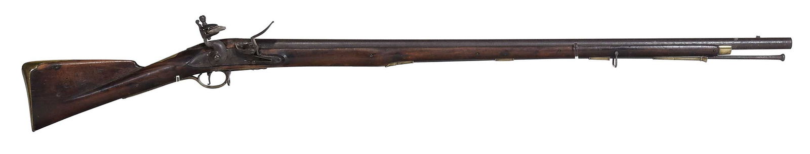 Short Land Pattern British Brown Bess Flintlock Musket: circa 1790s, smooth bore .75 cal., round and tapered 42-1/4 in. barrel, "Crown / GR / Broad Arrow" proof mark above "Crown / Crossed Swords" proof mark near breech, small stamped "MB" on left side of
