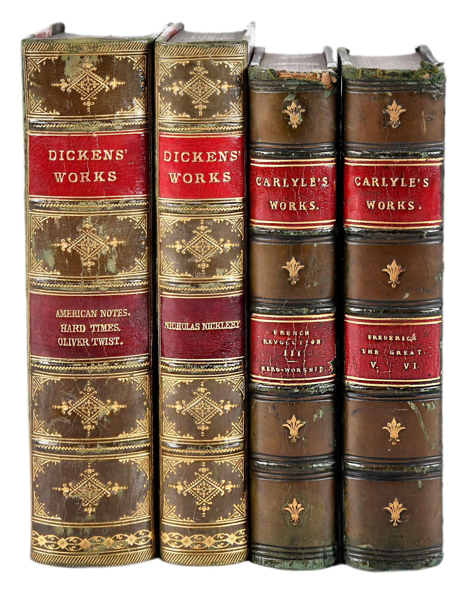 41 Green and Blue Leatherbound Volumes, British Literature and History: including: Carlyle's Works, London: Chapman and Hall, [n.d.], 18 volumes; Dickens' Works, London: Chapman and Hall, [n.d.], 14 volumes; Ainsworth's Works, London: George Routledge and Sons, [n.d.],