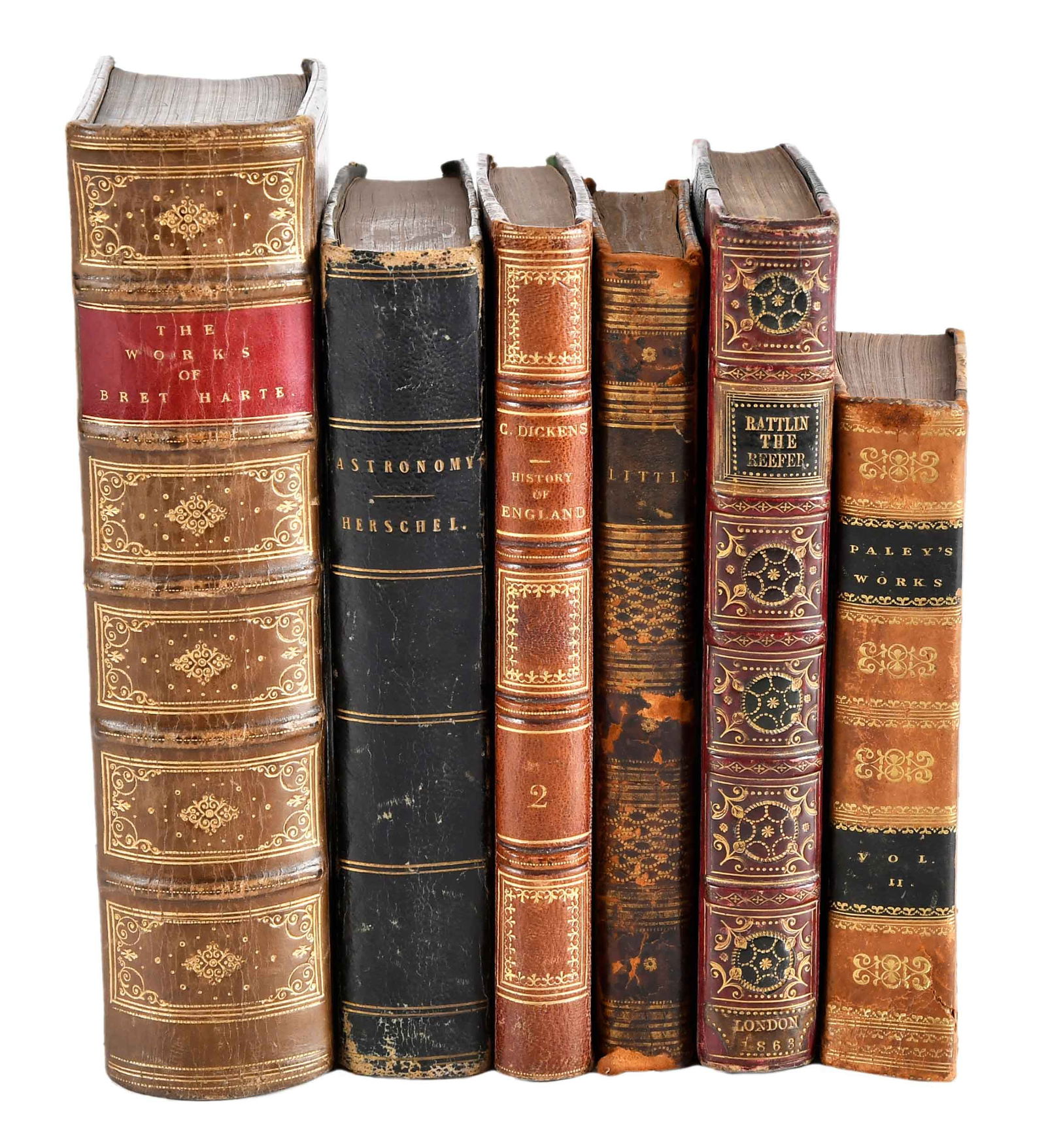 37 Assorted Leatherbound Volumes, History and Literature: including: The Poetical Works of William Cowper, London: Frederick Warne and Co., [n.d.], bound in tree calf leather with gilt ruled covers; The Select Works of Bret Harte in Prose and Poetry, London: