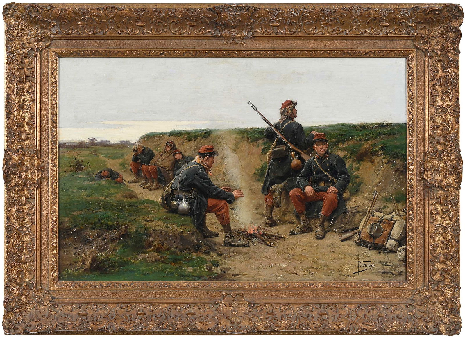 Paul Louis Narcisse Grolleron: (French, 1848-1901) French Infantry Soldiers Resting by a Fire Near a Berm, signed lower right "P. Grolleron", oil on canvas, 17-1/8 x 26-1/4 in.; gilt wood and composition frame, 24-1/2 x 3
