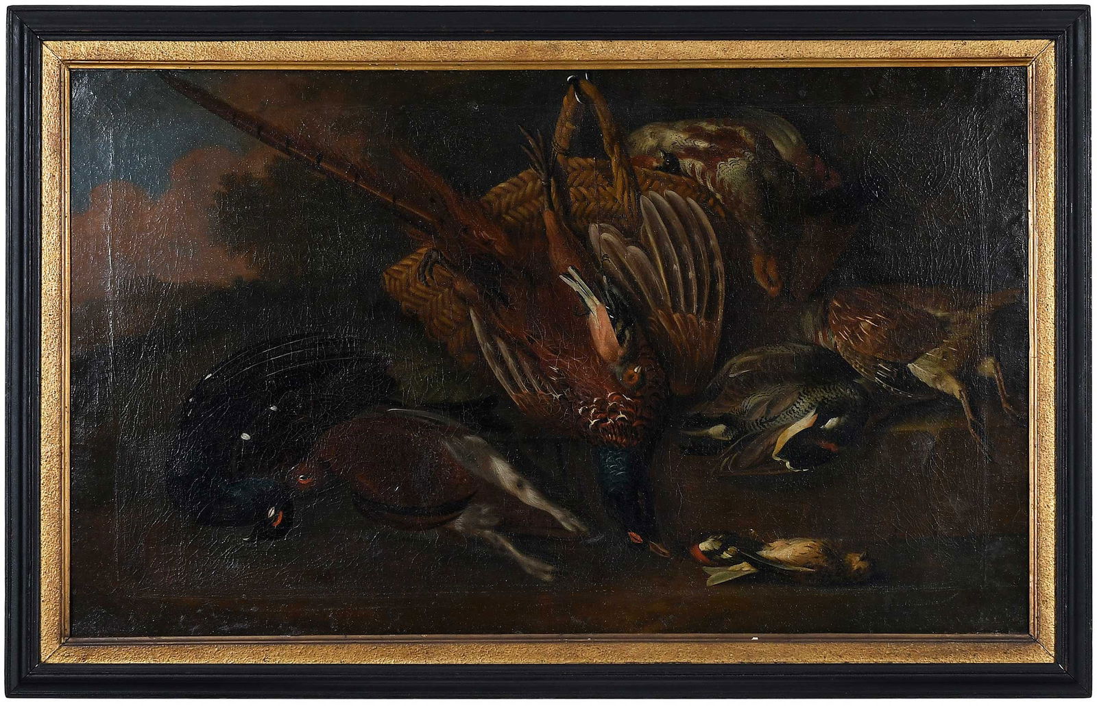 Continental School Nature Morte: (18th century) Pheasant and wild birds with basket, not apparently signed, oil on canvas, 24 x 40 in.; black painted wood frame, 28-3/4 x 45 x 2 in. Provenance: Estate of Joe and Betsy Byerly, Greensb