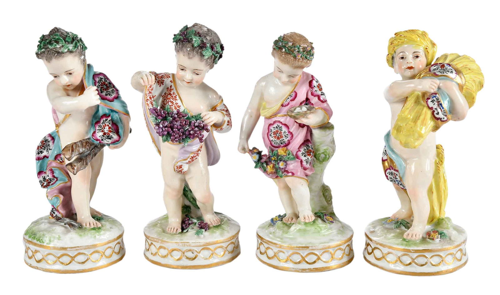 Set of Meissen Style Allegorical Porcelain Figures: Continental, 19th/20th century, representing the four seasons, unmarked, largest 6-1/4 x 4 x 2-5/8 in.Provenance: Estate of Joe and Betsy Byerly, Greensboro, North Carolina