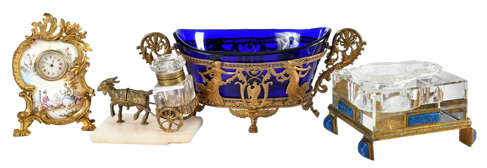 Four Gilt Bronze Desk or Table Objects: comprising: French, crystal inkwell with faux lapis lazuli and gilt bronze base; French cobalt glass and ormolu miniature planter with gilt bronze stand; Viennese miniature enamel and gilt bronze cloc