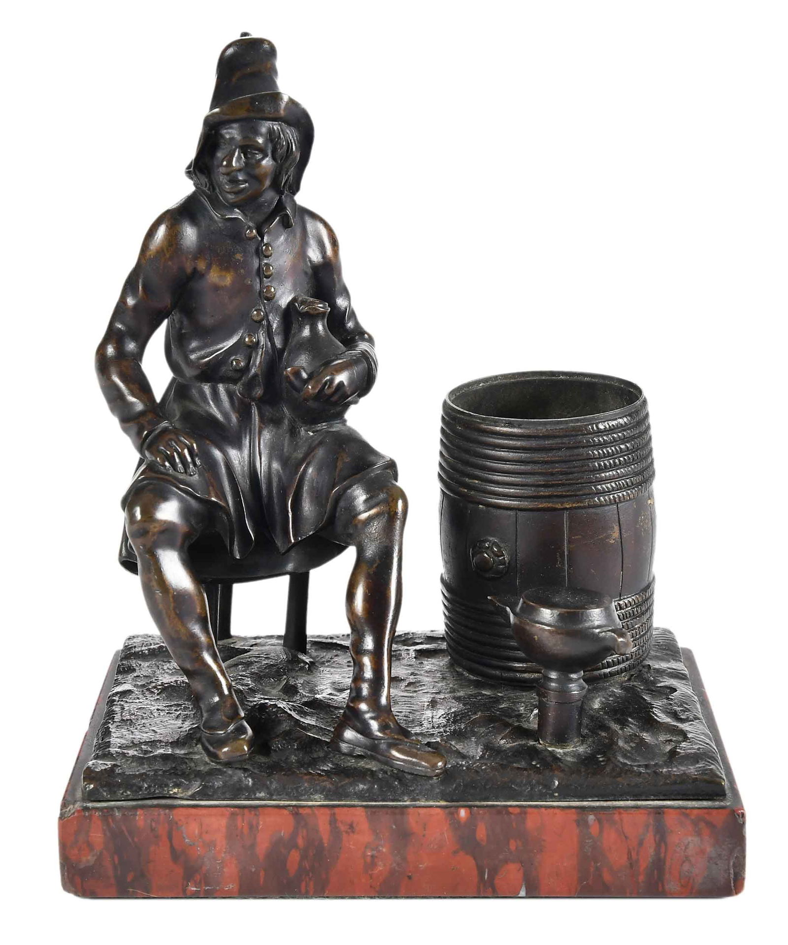 Figural Bronze Match Holder: possibly Dutch, after a bronze smoking companion by Pierre Xavery (1647-1683?), red marble base, 6-7/8 x 5-3/4 x 4 in.Provenance: Estate of Joe and Betsy Byerly, Greensboro, North Carolina