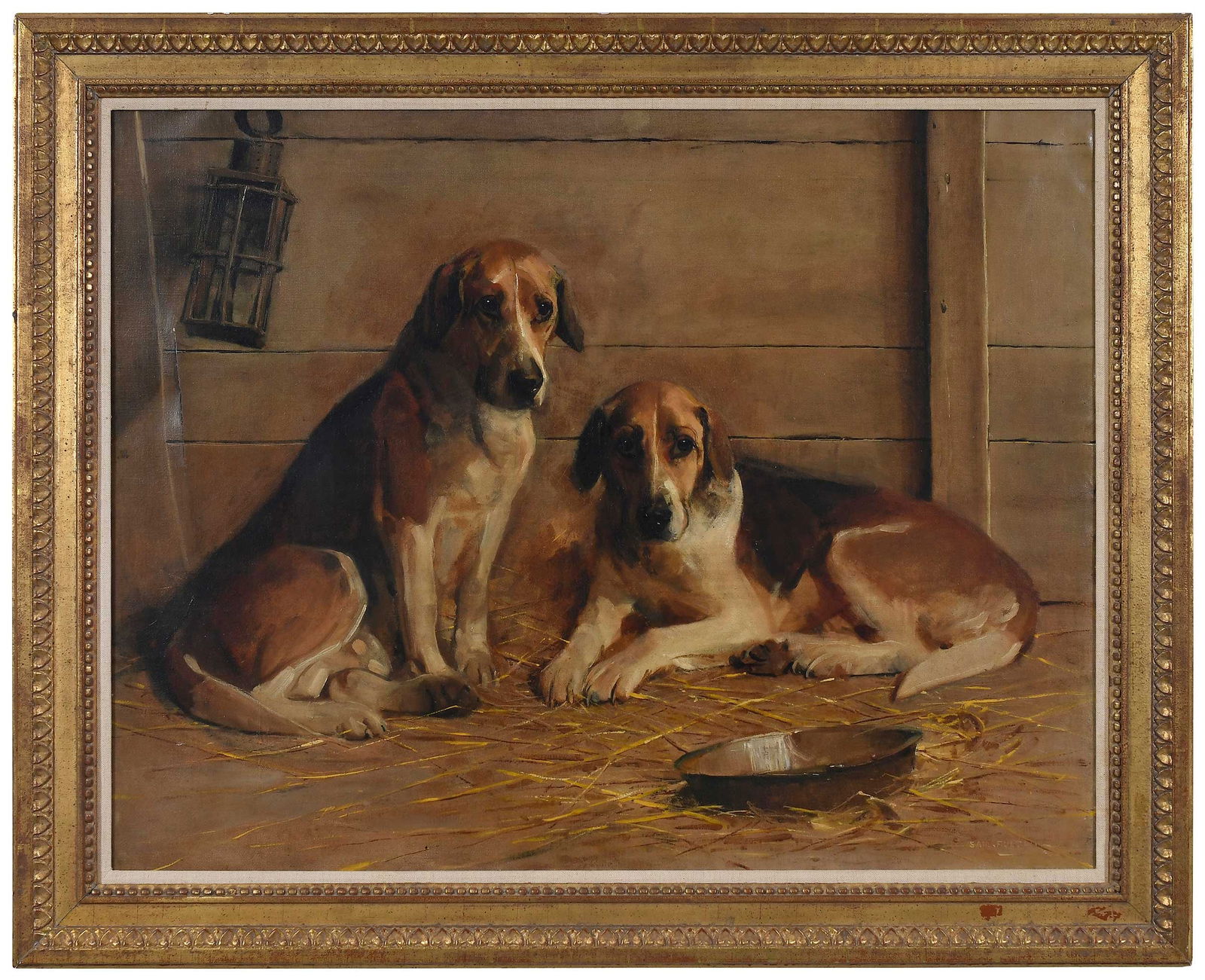 Sam Fulton, Hounds Resting: (Scottish, 1855-1941)Two hounds in a kennel, signed lower right "Sam Fulton", oil on canvas, 28-1/4 x 36-1/8 in.; gilt wood frame, 34-1/4 x 42-1/4 x 2 in.Provenance: Private Collection, Savannah,