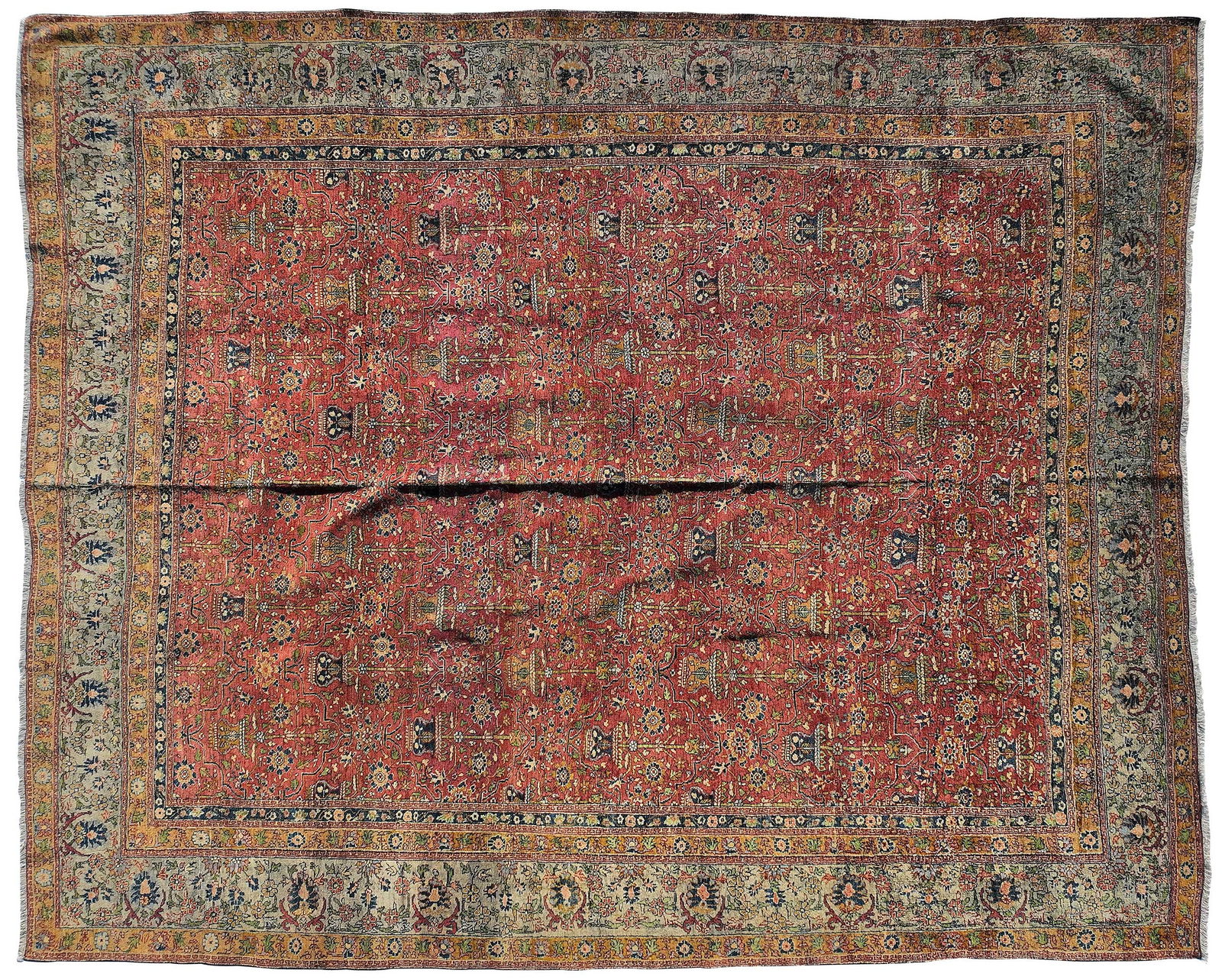 Tabriz Carpet: floral vase motif on red ground, pale green main border with double inner and single outer guards, 11 ft. 4 in. x 9 ft. 1 in.