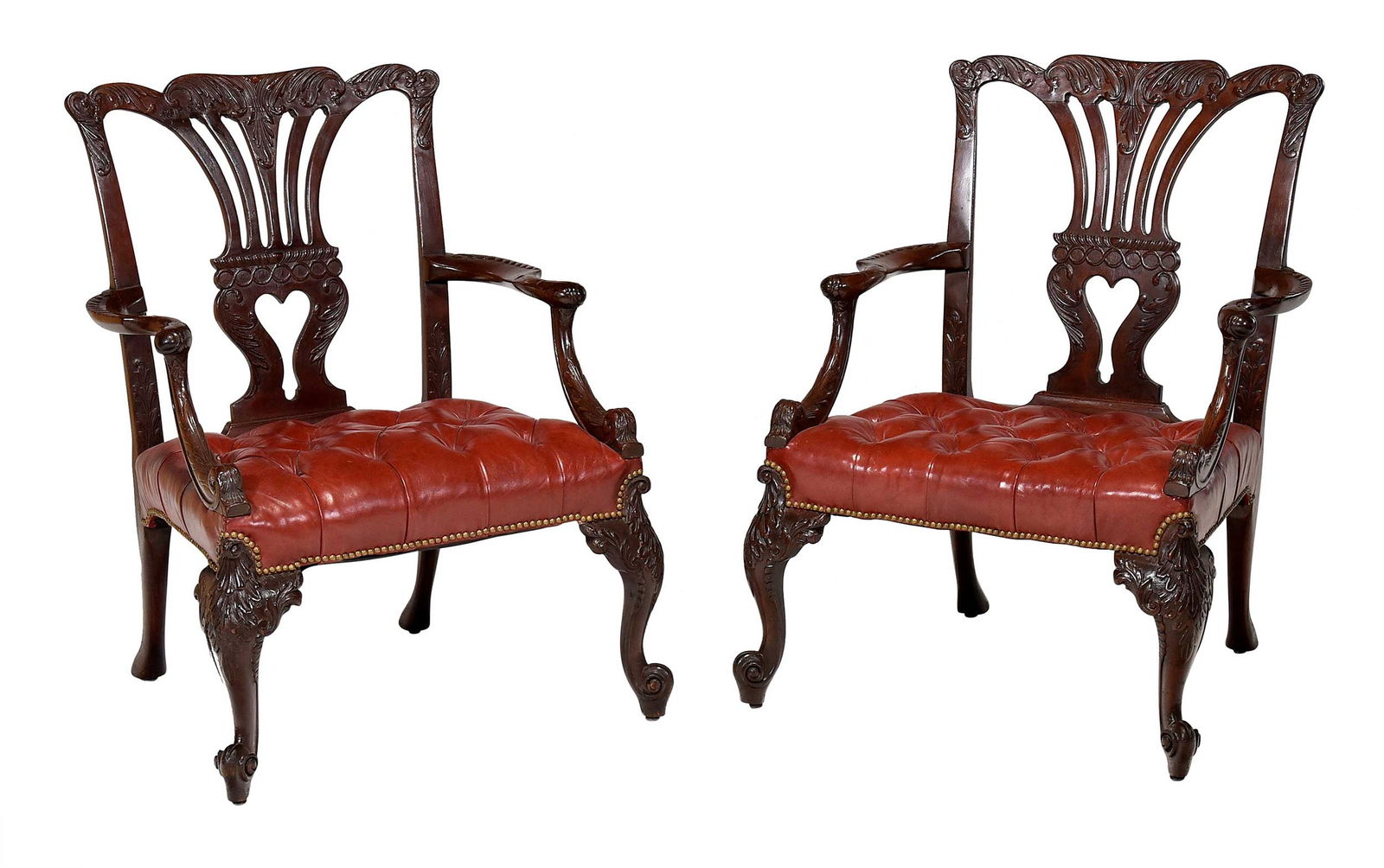Pair of Chippendale Style Carved Mahogany Open Armchairs (1 of 9)