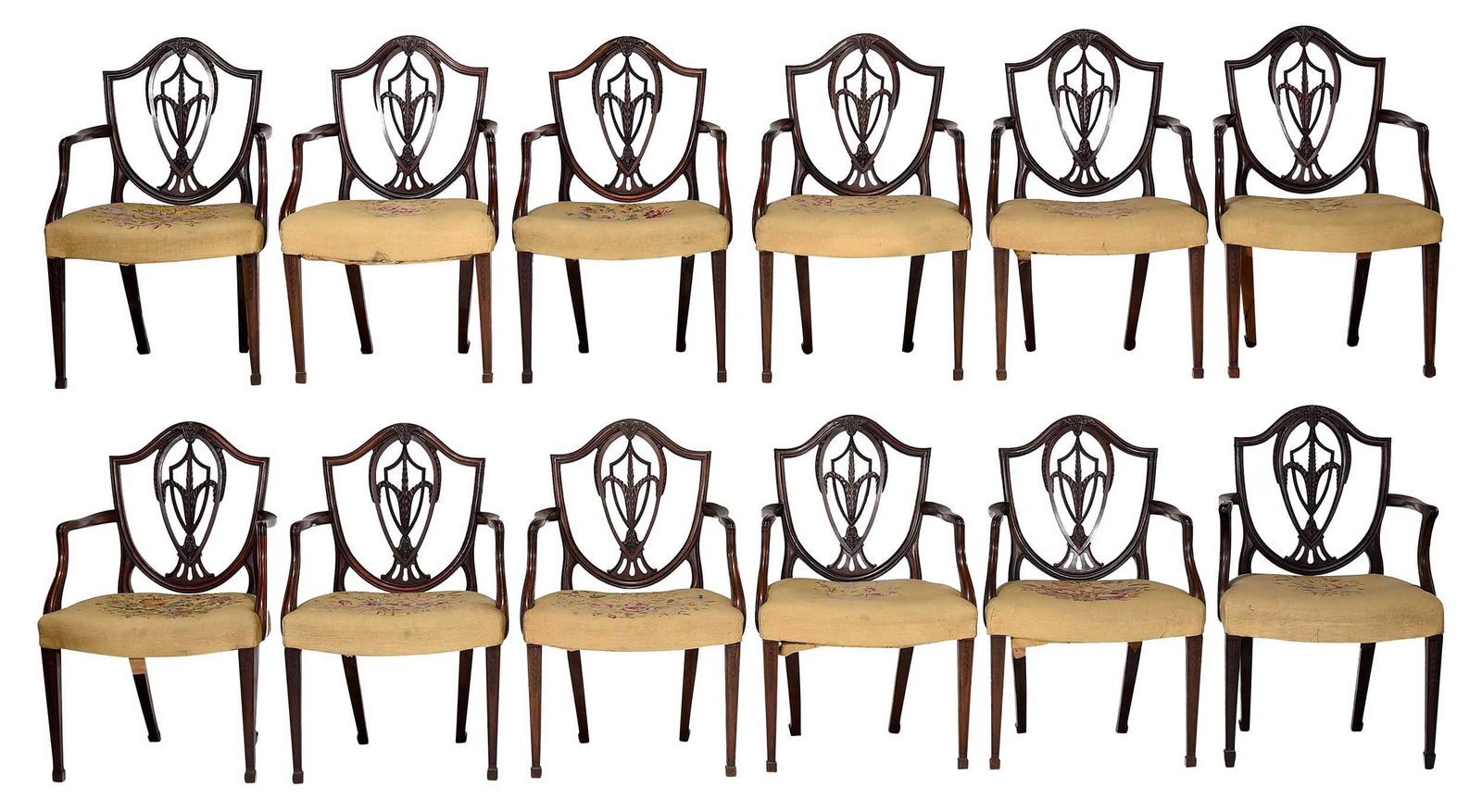 Set of Twelve Hepplewhite Style Carved Mahogany Shield Back Dining Armchairs (1 of 8)