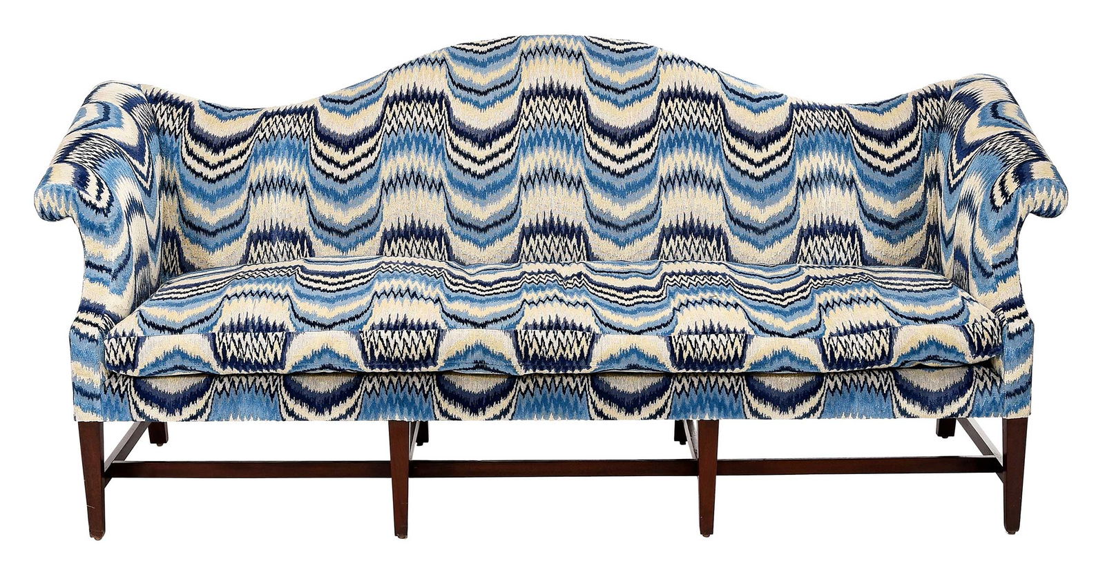 George III Style Mahogany Blue Flame Stitch Upholstered Camelback Sofa (1 of 7)