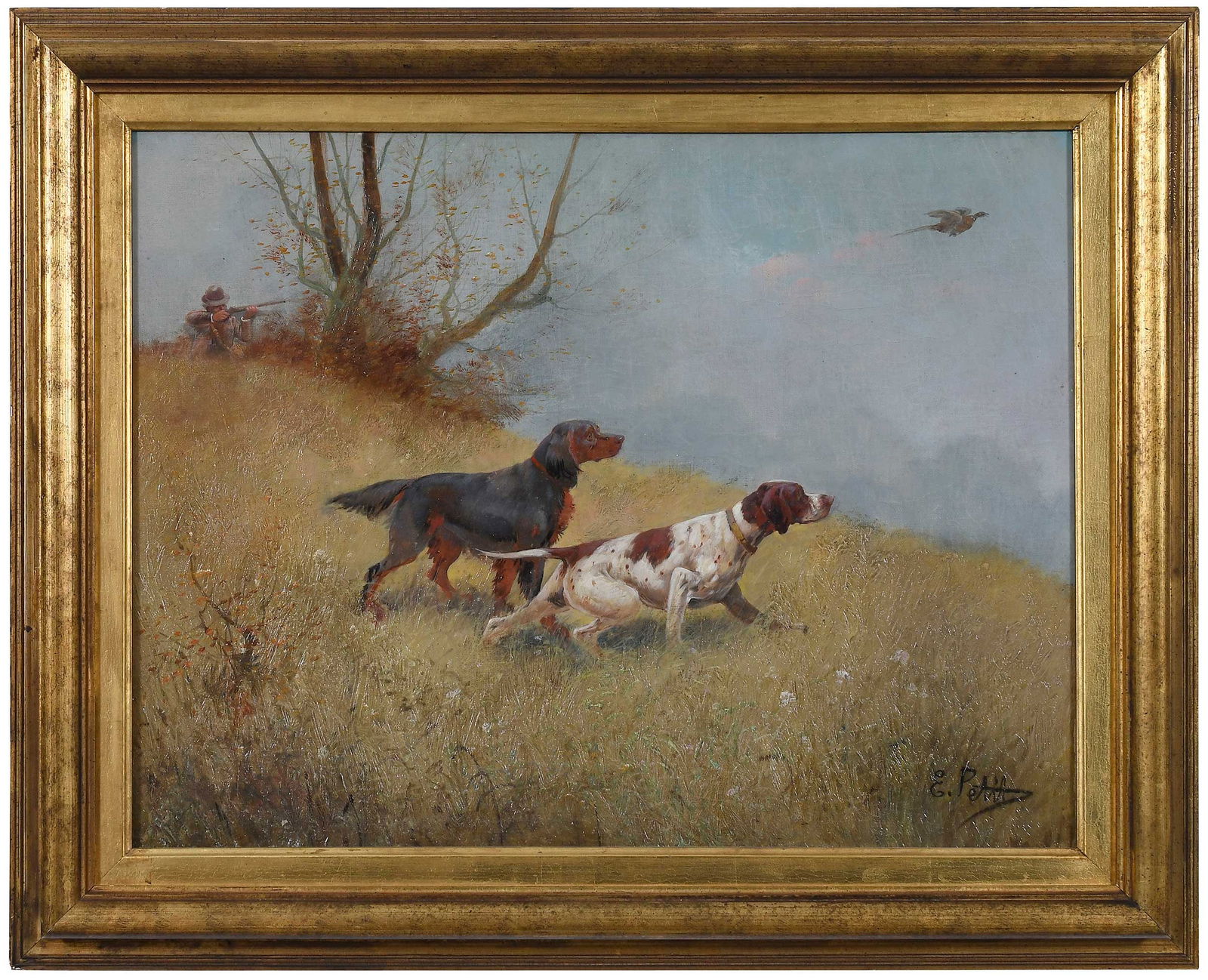 Eugene Joseph Constant Pierre Petit: (French, 1839-1886) Hunter with Pointer and Setter Flushing a Pheasant, signed lower right "E. Petit", oil on canvas, 19-3/4 x 25-5/8 in.; modern gilt wood frame, 25-3/4 x 31-5/8 x 2 in. Provenance: P