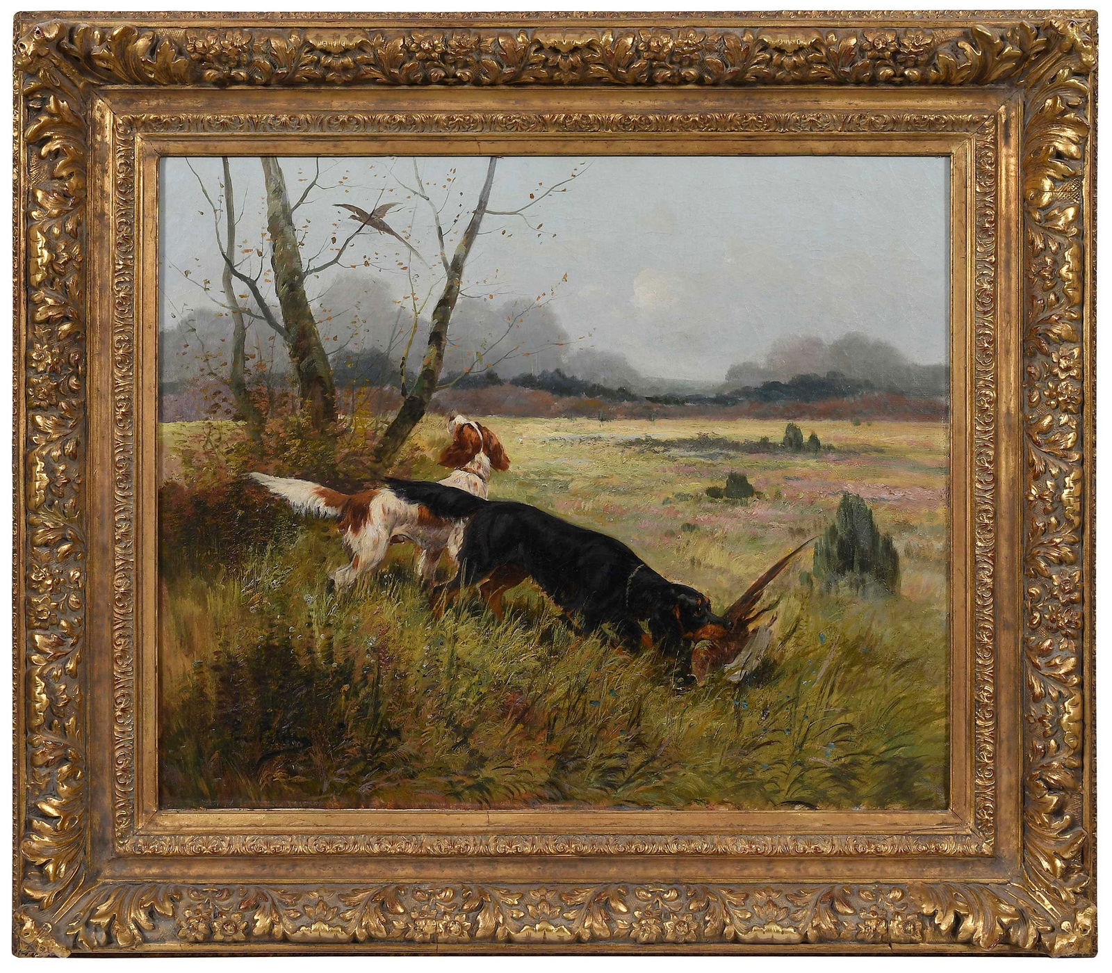 Eugene Joseph Constant Pierre Petit: (French, 1839-1886)Setters Flushing and Retrieving Pheasants, signed lower left "E. Petit", oil on canvas, 21-1/2 x 25-1/2 in.; original fine gilt wood and composition frame, 30 x 34-1/4 x 3-3/4