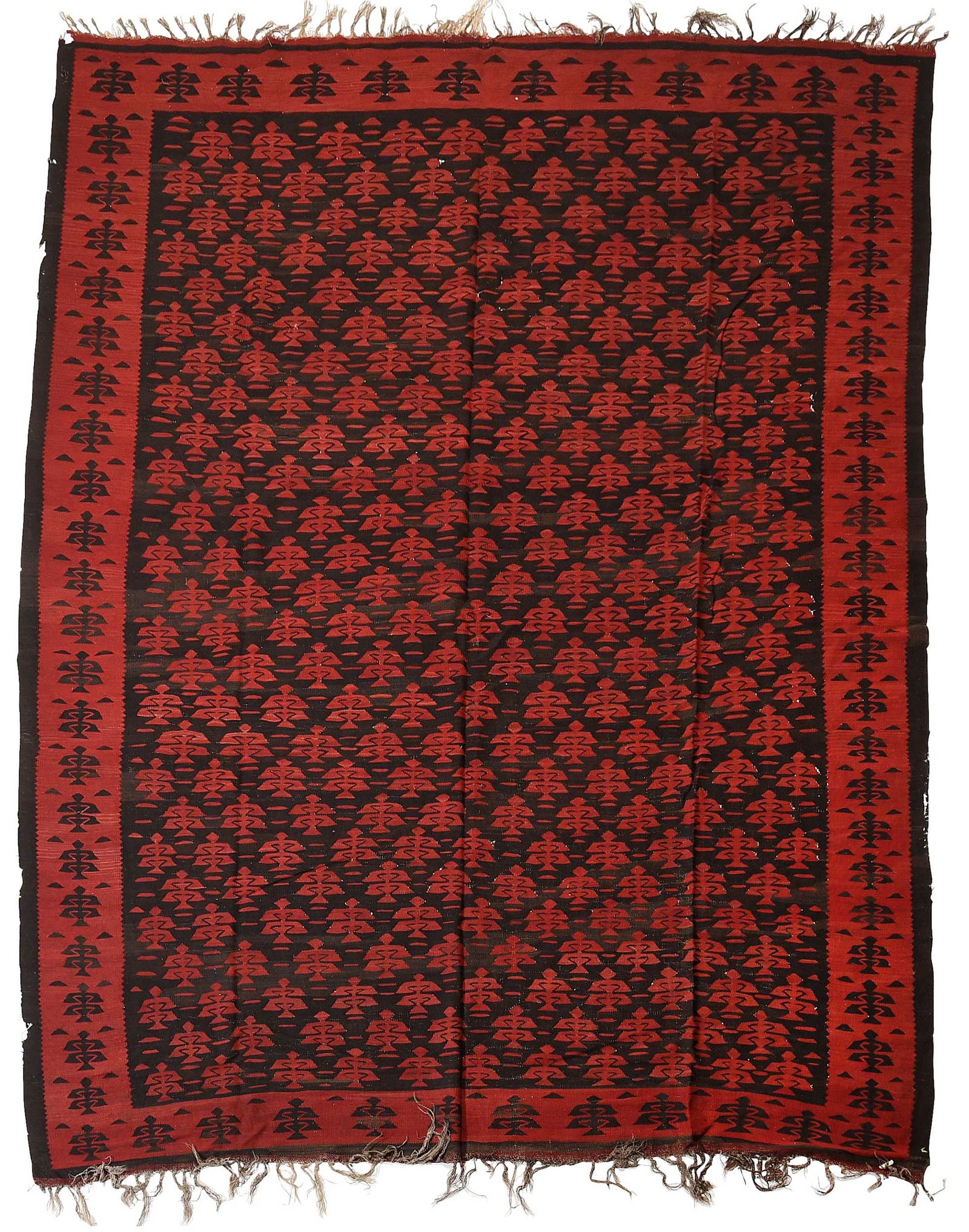 Sarkoy Kilim: red medallions on black ground, red main border with black medallions, 9 ft. 1 in. x 7 ft. 10 in.