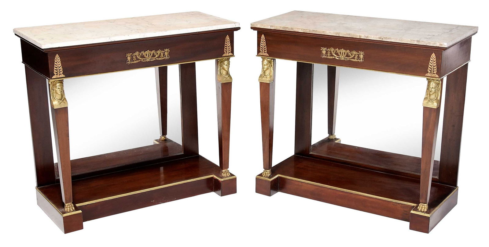 Pair of Empire Style Egyptian Revival Mahogany Marble Top Pier Tables (1 of 10)
