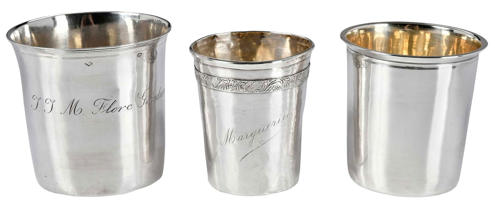 Three French Silver Tumblers: largest, late 18th/early 19th century, flared rim, later inscription, some marks partial, 3-1/4 in.; mid to late 19th century, mid size with flared rim, "9" on base, marks for Cesar Tonnelier, 3 in.;
