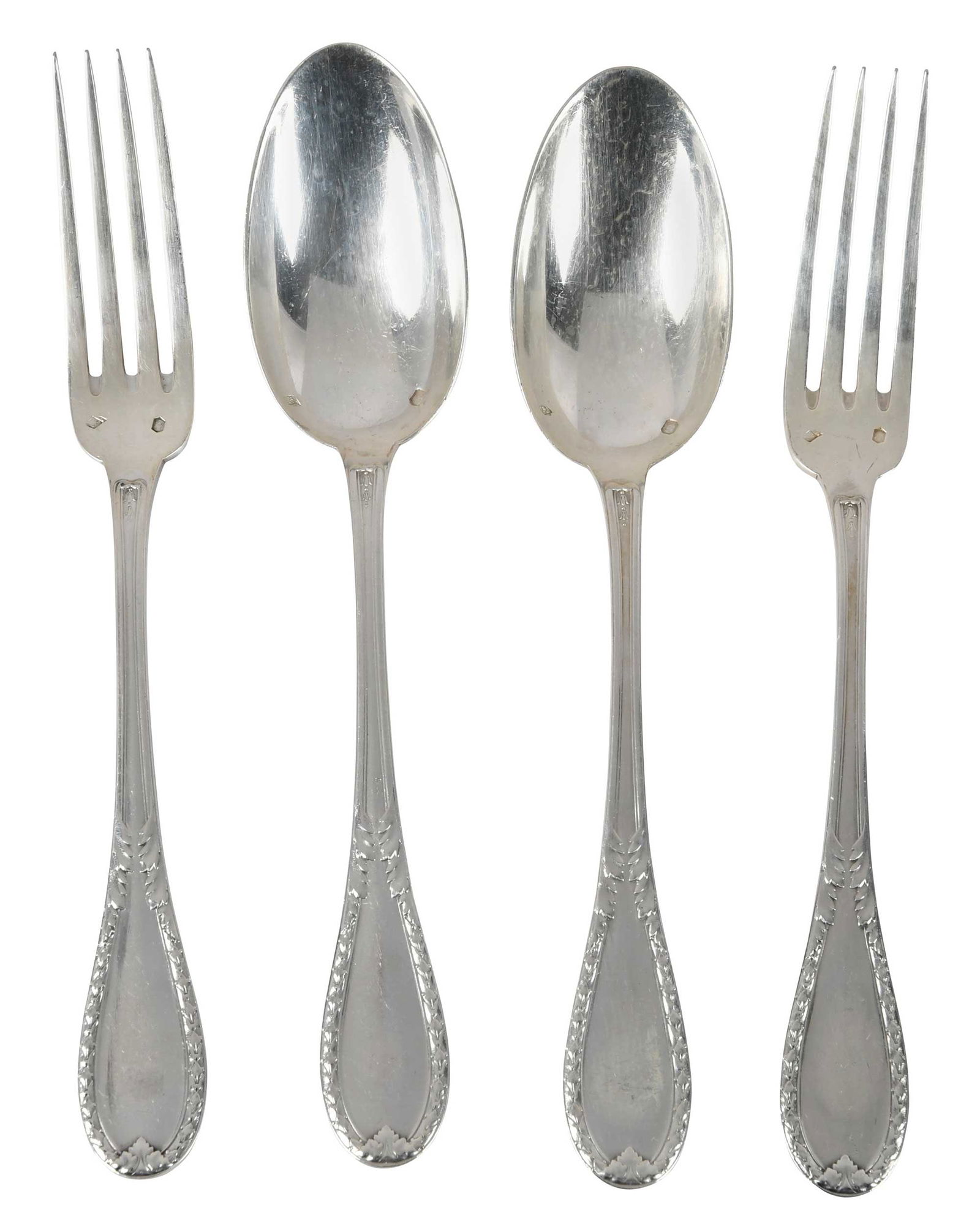 22 Pieces French Silver Flatware: Paris, late 19th/early 20th century, including eleven 6-5/8 in. forks and eleven 6-1/2 in. spoons, partial marks, .950 fine, 29.06 oz. T.Provenance: Private Collection, North Carolina