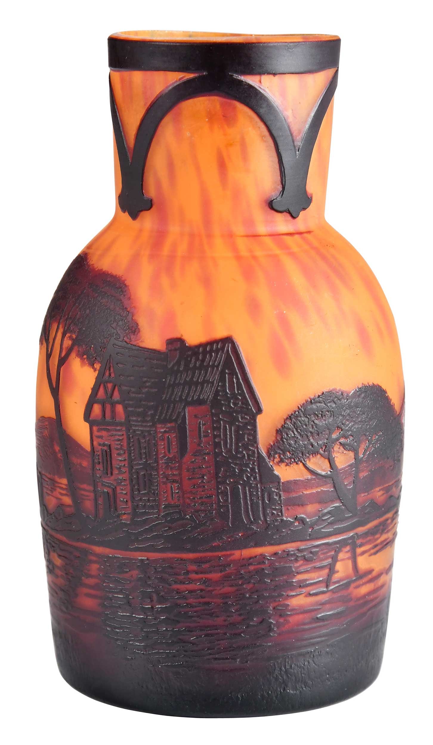 Degue Cameo Glass Vase: French, early to mid 20th century, mottled glass overlaid with an acid etched scene of a house overlooking a lake, 5-1/2 x 3-1/8 x 3-1/8 in.Provenance: Private Collection, Asheville, North Carolina