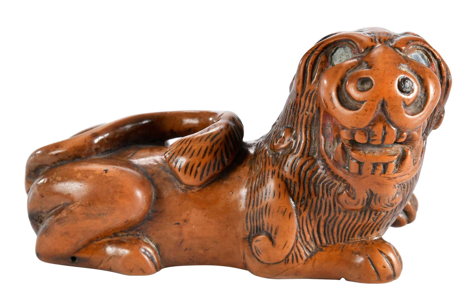 Fine French Carved Boxwood Lion Form Snuff Box: early 18th century, inscribed at top "1701", reflective glass eyes, 2-3/8 x 4-1/8 x 1-5/8 in.Provenance: Private Collection, North Carolina