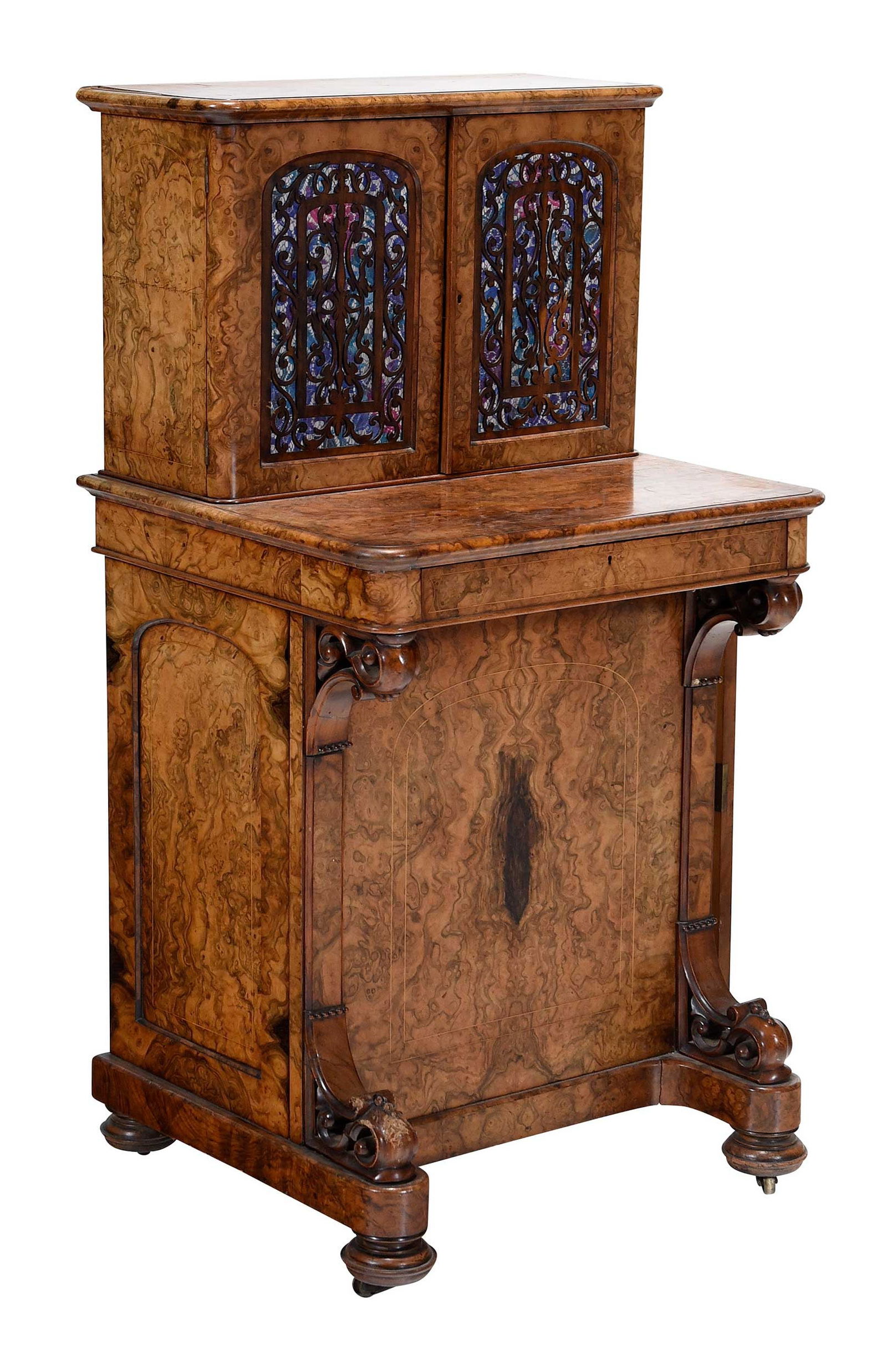 Fine Victorian Renaissance Revival Burlwood Davenport Desk: second half 19th century, finely crafted and high quality wood throughout, fitted and lightwood veneered interiors, two door top section with polychrome cloth backed pierced windows, interior decorate