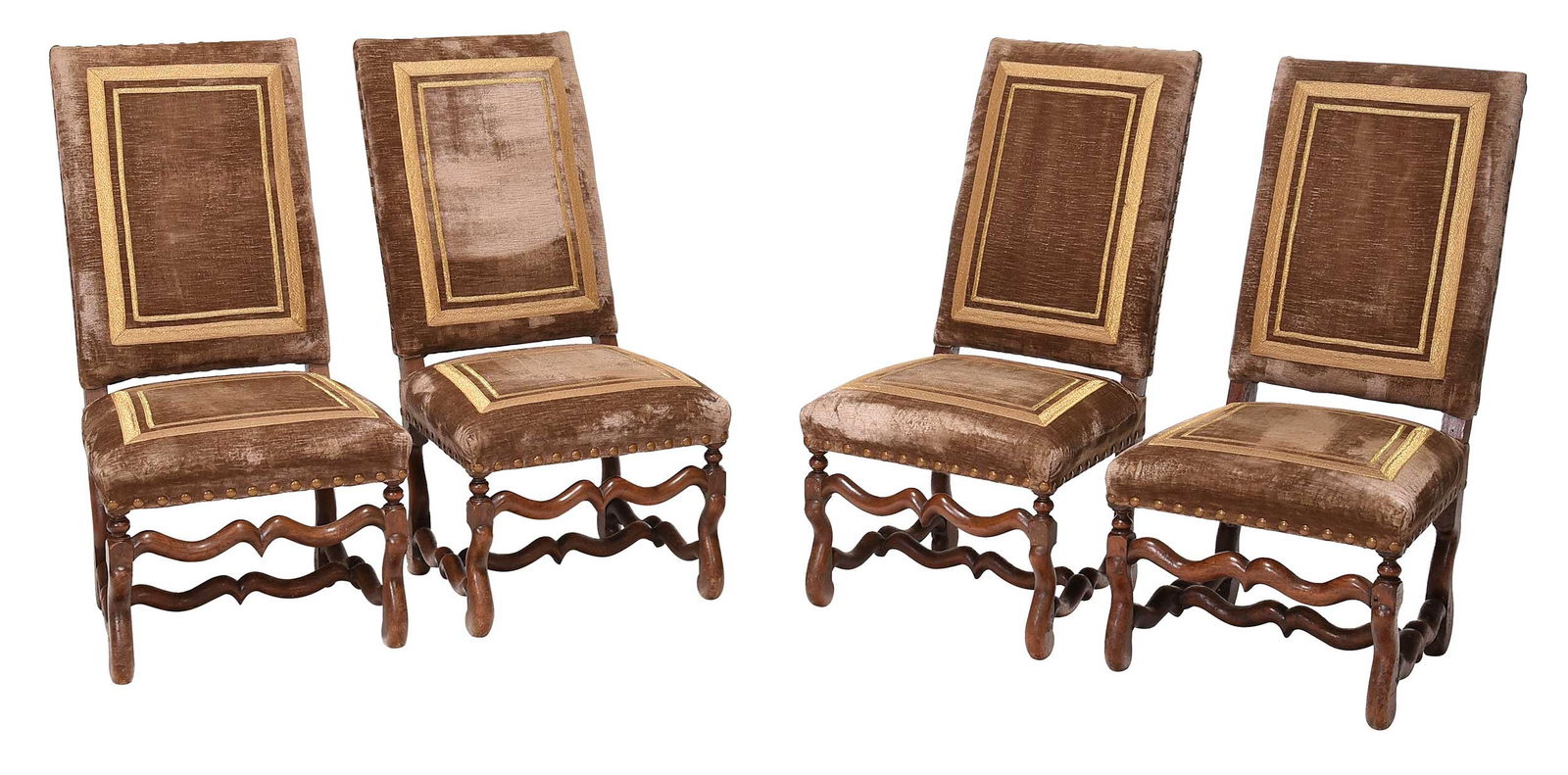 Set of Four Baroque Style Walnut and Velvet Upholstered Dining Chairs (1 of 13)