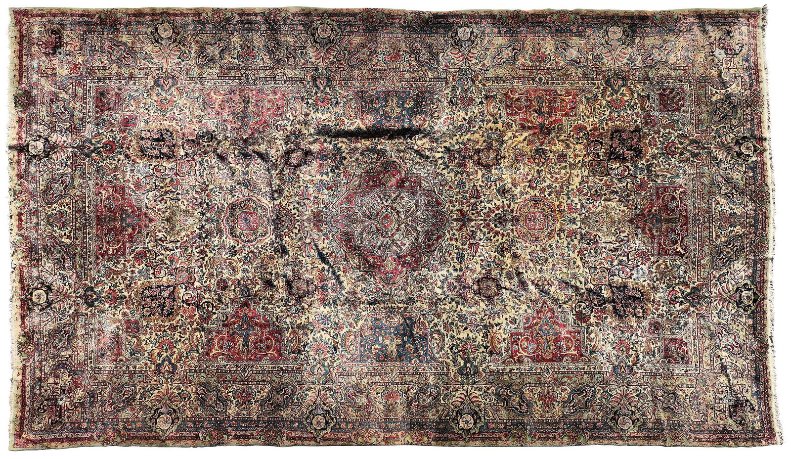 Lavar Kerman Palace Carpet: central medallion on cream ground, large re-entrant main border, 20 ft. 2 in. x 11 ft. 9 in.