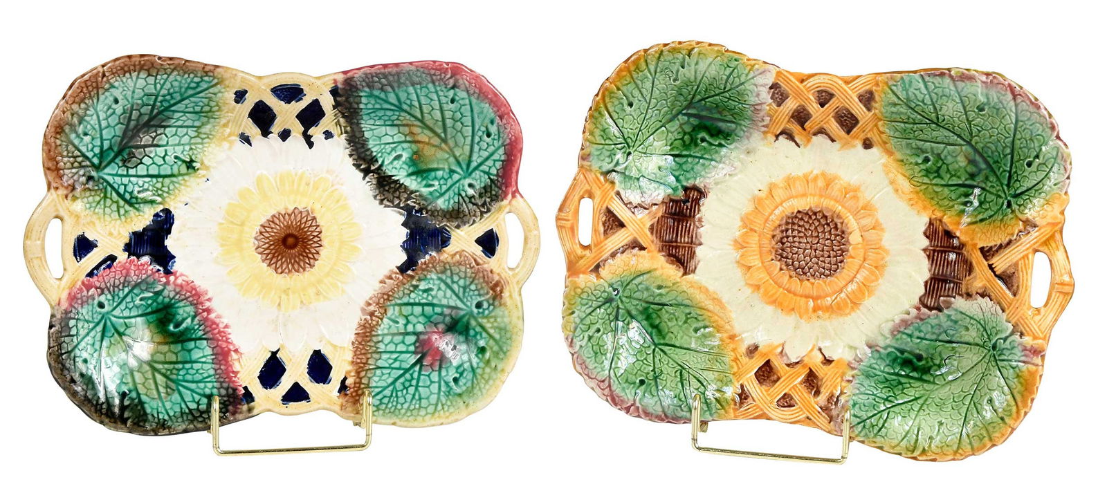 Near Pair of Majolica Sunflower and Begonia Leaf Trays with Openwork Handles (1 of 6)