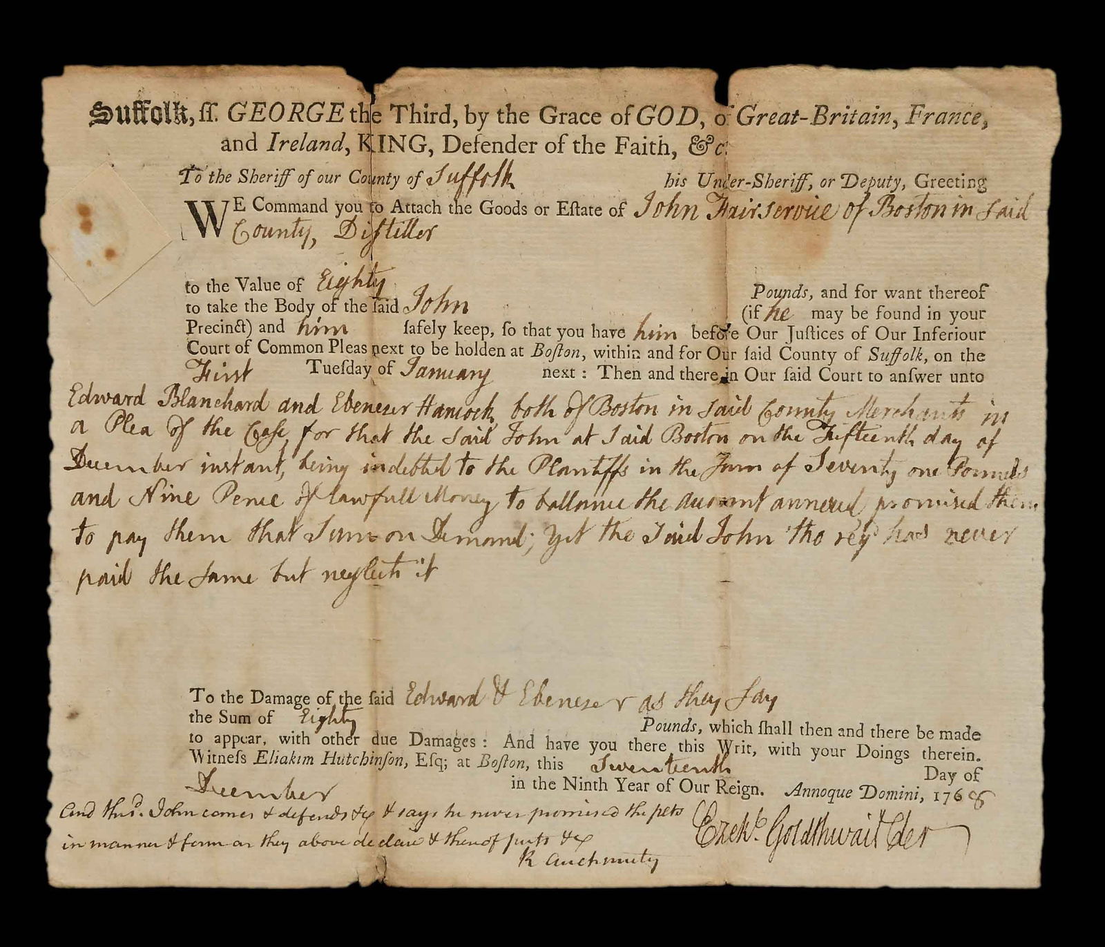 Early John Adams Signed Court Document, 1768 (1 of 7)