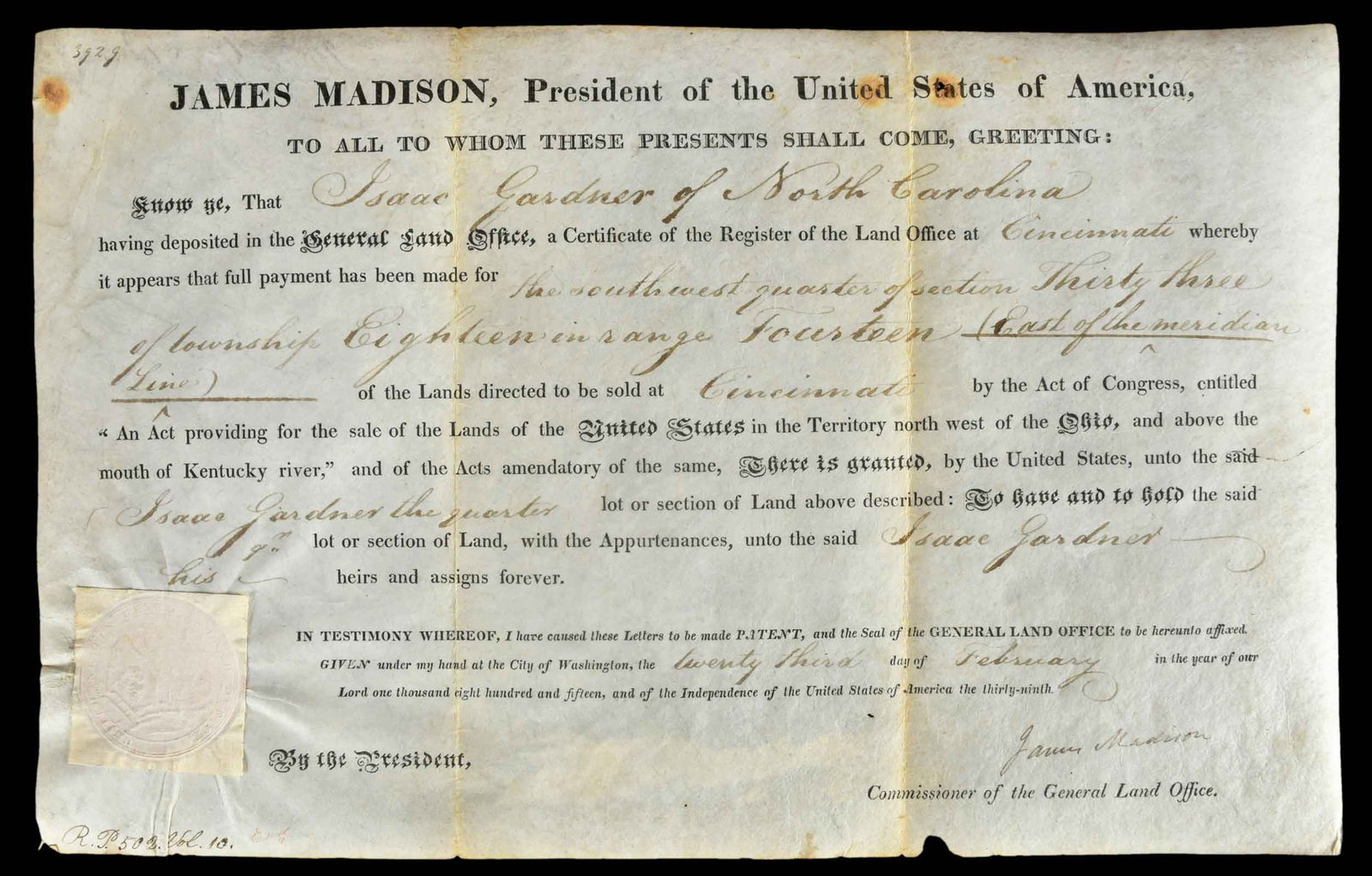 James Madison Signed Ohio Land Grant (1 of 8)