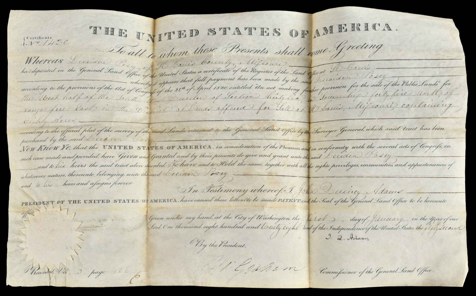 John Quincy Adams Signed Land Grant (1 of 7)