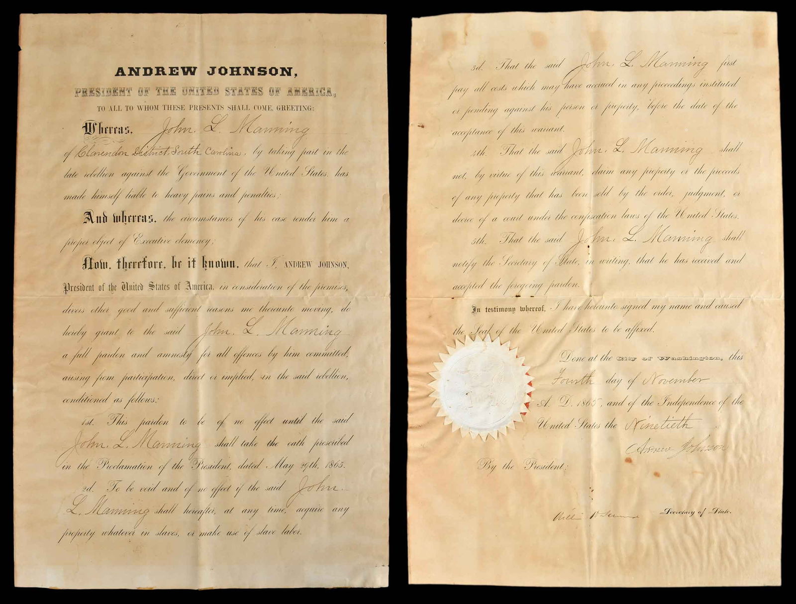 Important Pardon for S.C. Governor John Manning, by President Andrew Johnson (1 of 9)