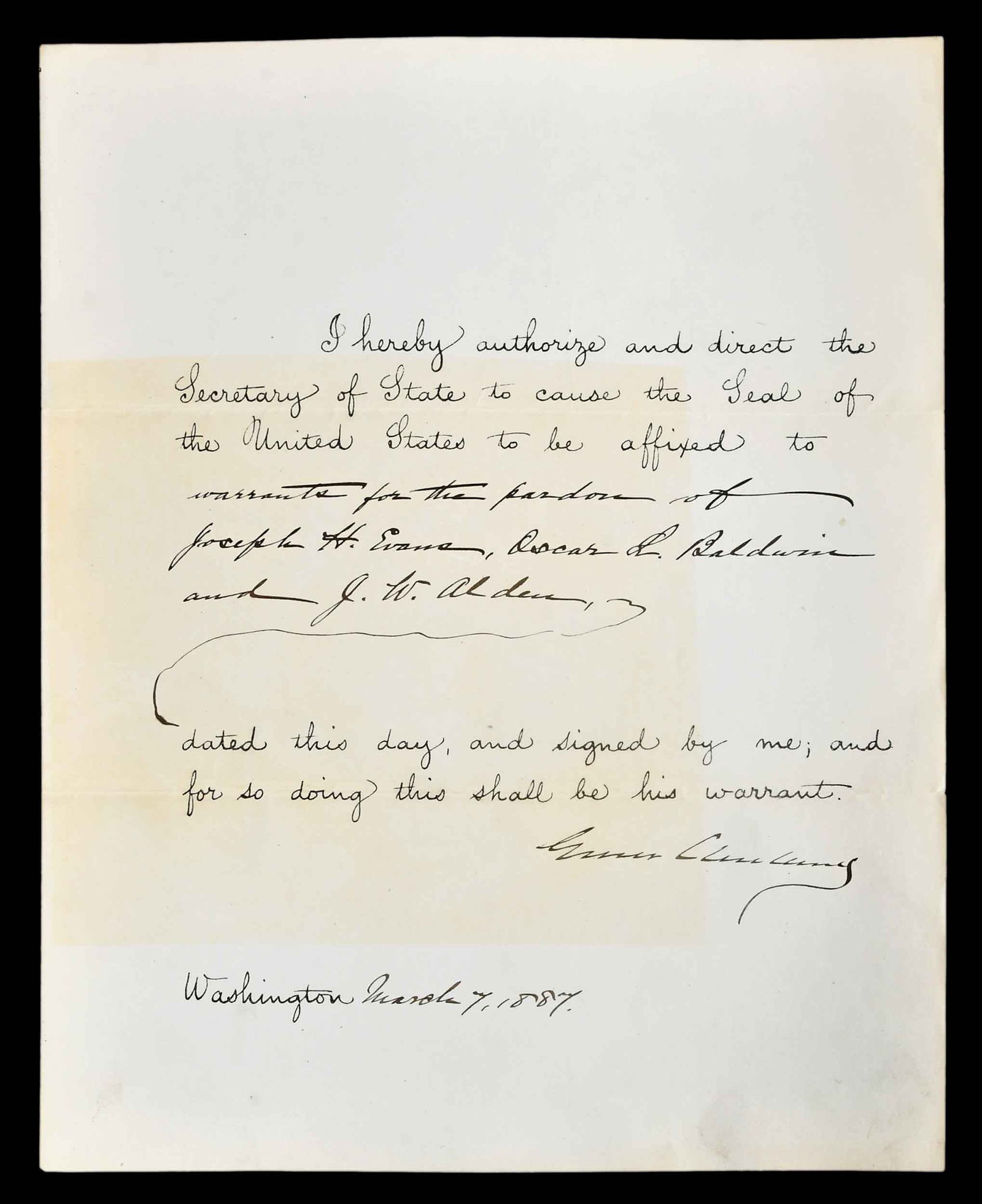 Grover Cleveland Signed Official Decree For Pardon (1 of 8)
