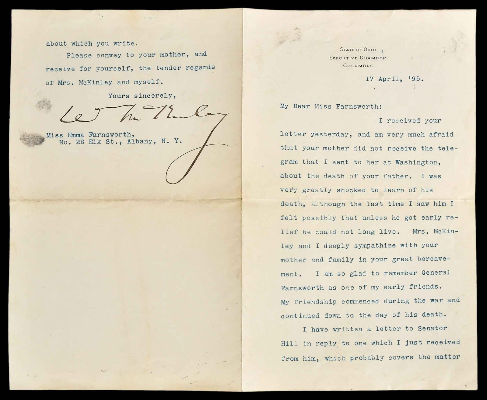 William McKinley Typed Personal Letter Signed (1 of 5)