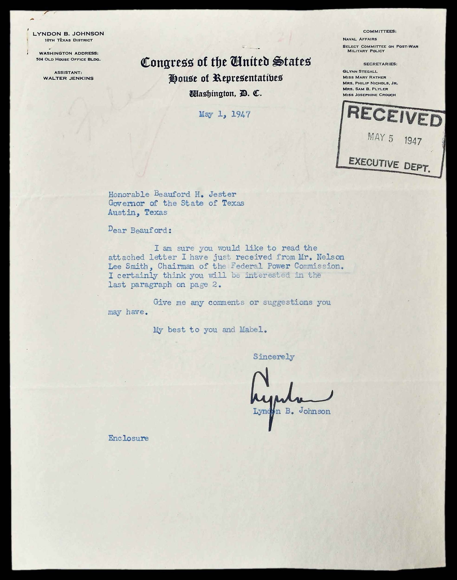 Lyndon Johnson Congressional Typed Letter Signed (1 of 7)