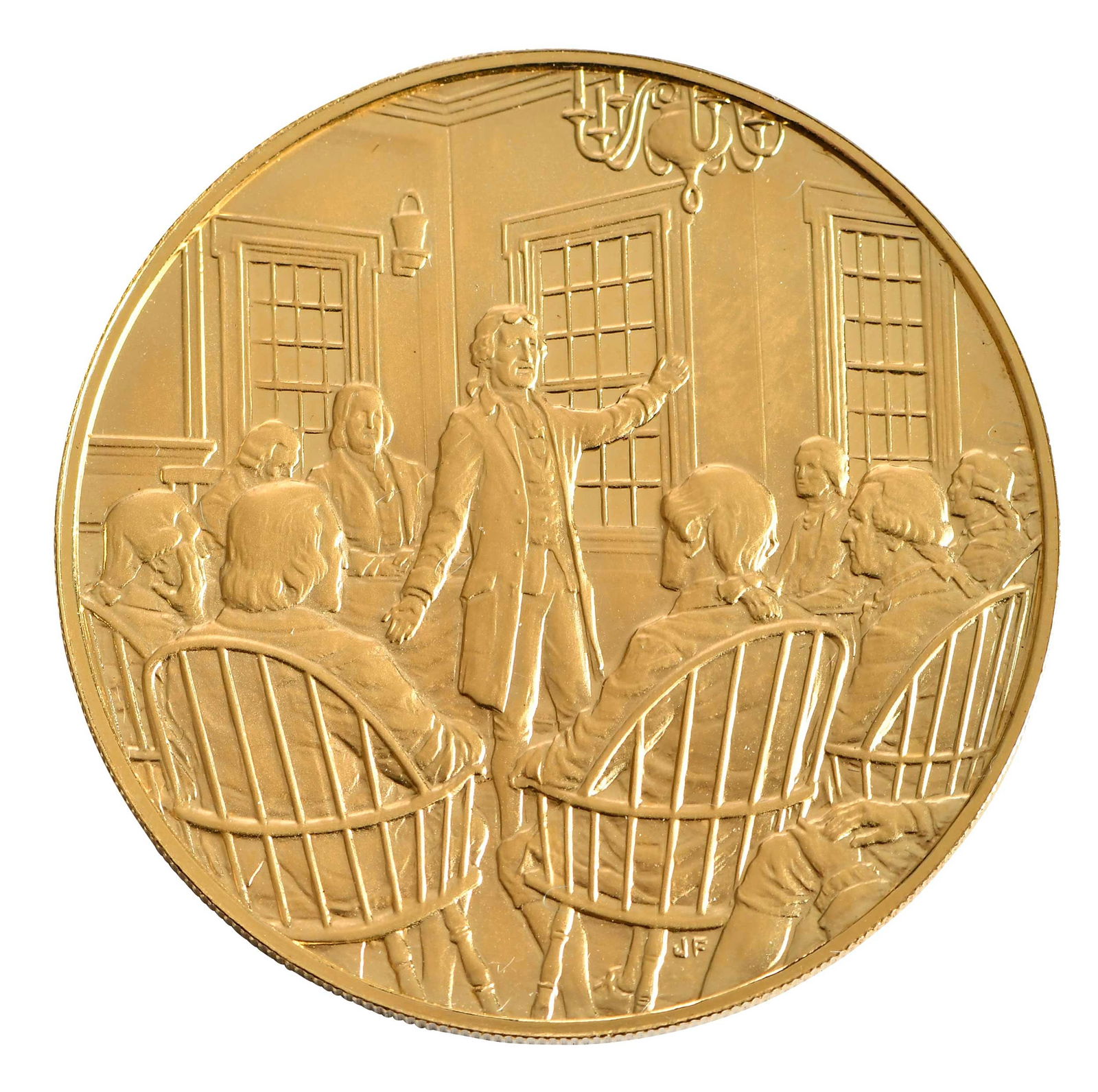 Official First Continental Congress Gold Medal, Jimmy Carter Provenance: commemorating the bicentennial of the First Continental Congress, proof format, by The Franklin Mint, 38 mm diameter, weight 32.1 grams, edge marked 18kt; with original boxProvenance: The Estate of