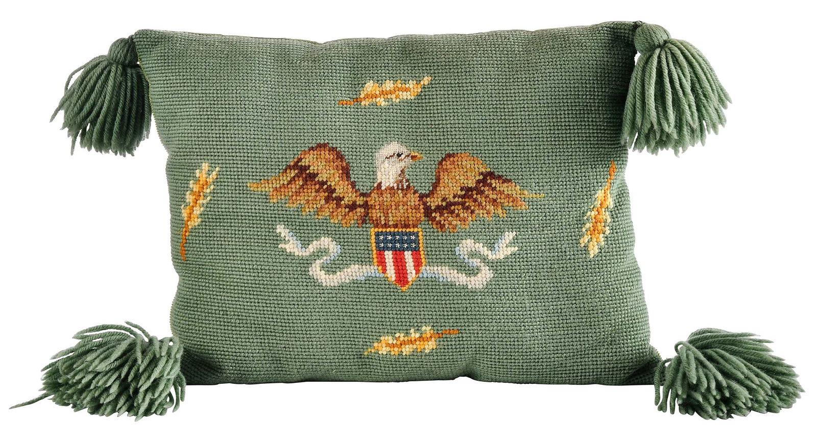 Needlepoint Pillow with Great Seal of the United States, Jimmy Carter Provenance: American, 20th century, corduroy backing and four tasseled corners, approx. 9-1/2 x 19 x 1-1/4 in.Provenance: The Estate of Jimmy and Rosalynn Carter