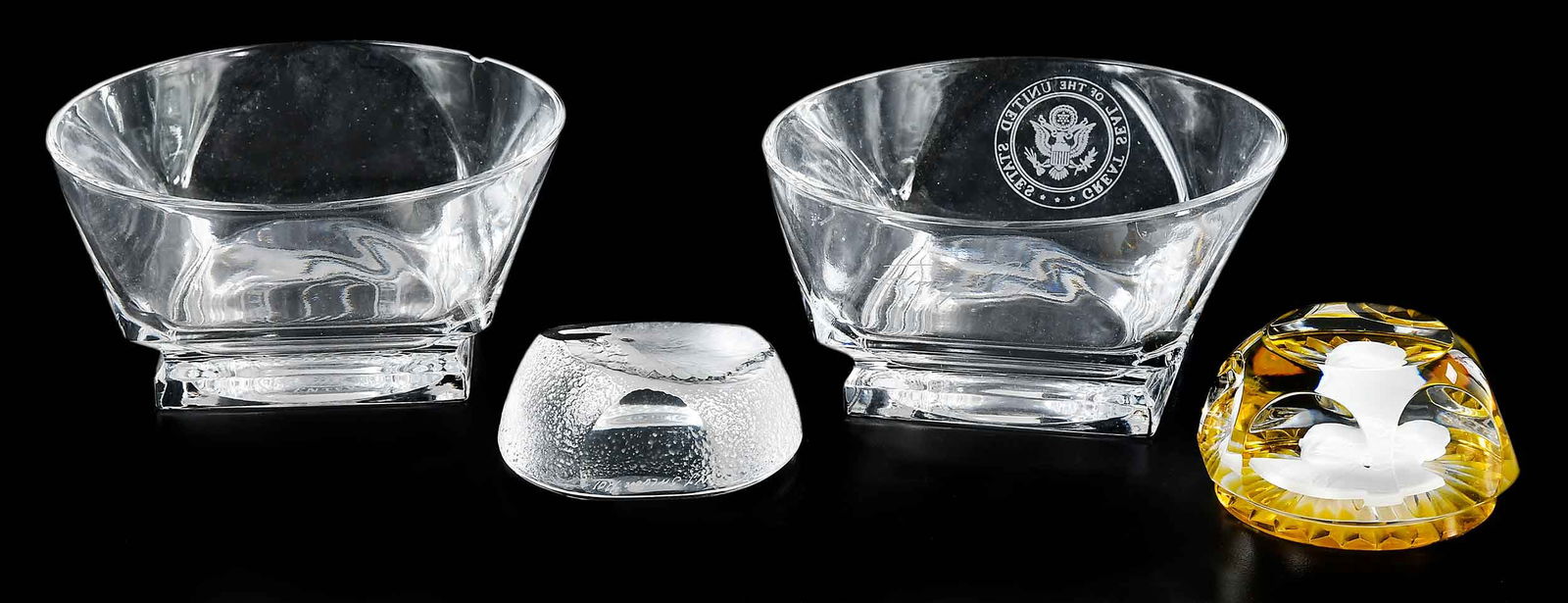 Four Crystal Table Objects, Jimmy Carter Provenance: 20th century, comprising: engraved crystal bowl with Great Seal and Jimmy Carter signature, 2-1/2 x 5 x 5 in.; engraved crystal bowl with Carter Presidential Center seal, 2-1/2 x 5 x 5 in; Mats Jonass