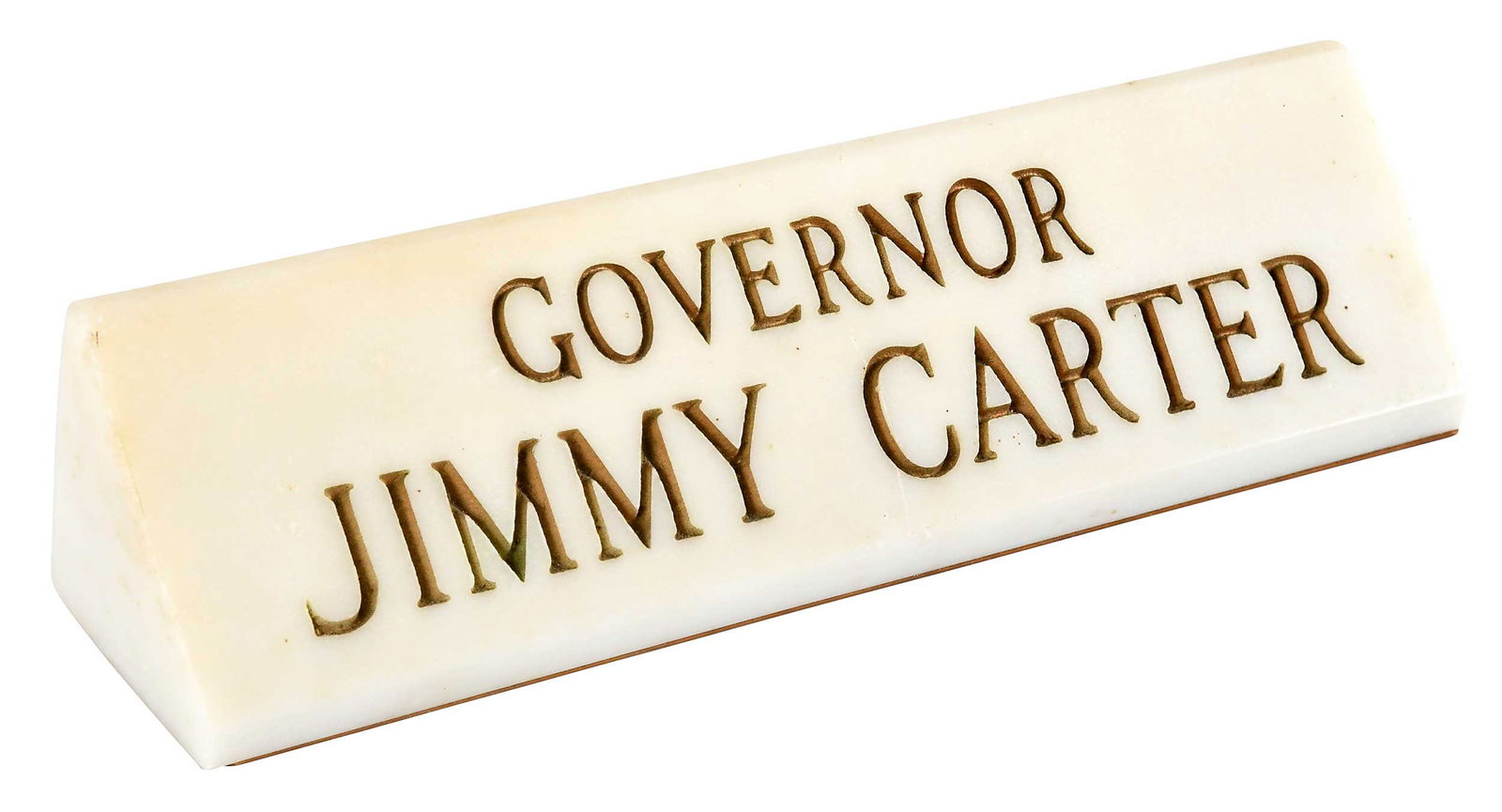 Georgia Governor Jimmy Carter Marble Desk Name Plate: 20th century, inscribed recto "Governor Jimmy Carter", verso "Georgia", 2-1/2 x 12 x 2-1/2 in. Provenance: The Estate of Jimmy and Rosalynn Carter