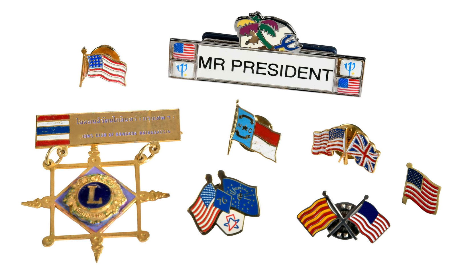Collection of 27 Various American Flag Lapel Pins, Jimmy Carter Provenance: American flags with, and without various other foreign and state flags; Italy, Lebanon, 1976 Bicentennial, Nepal, Maryland, North Carolina, Myanmar, Nicaragua, United Kingdom, Spain, Cuba, Haiti; name