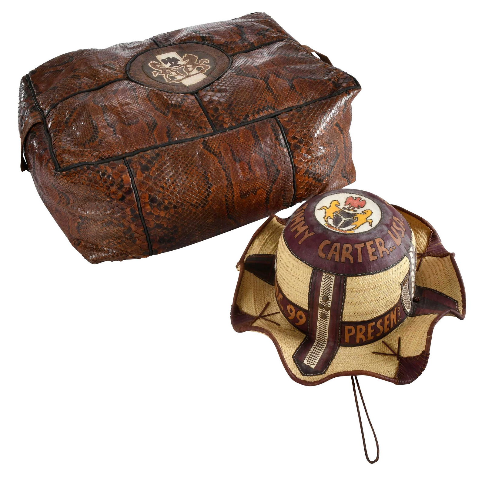 Jimmy Carter Nigerian Commemorative Hat and Python Foot Rest: 20th century, footrest with python skin upholstery emblazoned with Nigerian coat of arms; hat of straw and leather construction, band of lettering "President Jimmy Carter..USA.."; and "Presen by..Emir