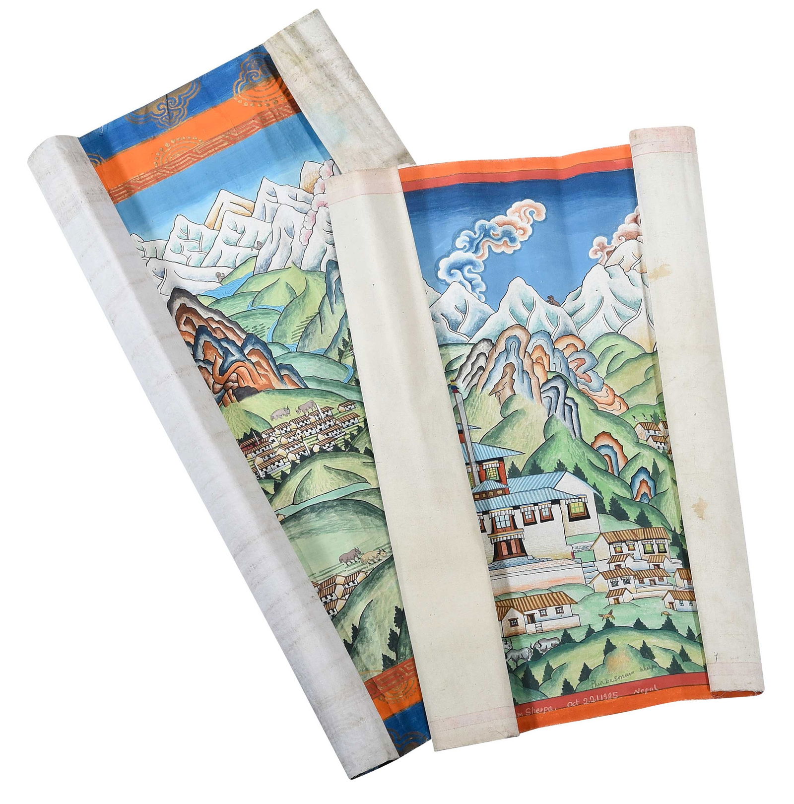 Two Nepalese Painted Scrolls, Jimmy Carter Provenance: 20th century, each depicting views of Tengboche, titled, signed, and dated in lower margin "...paint by Phurba Sonam Sherpa" October 1985, larger 21-1/2 x 29-1/2 in. Provenance: The Estate of Jimmy an