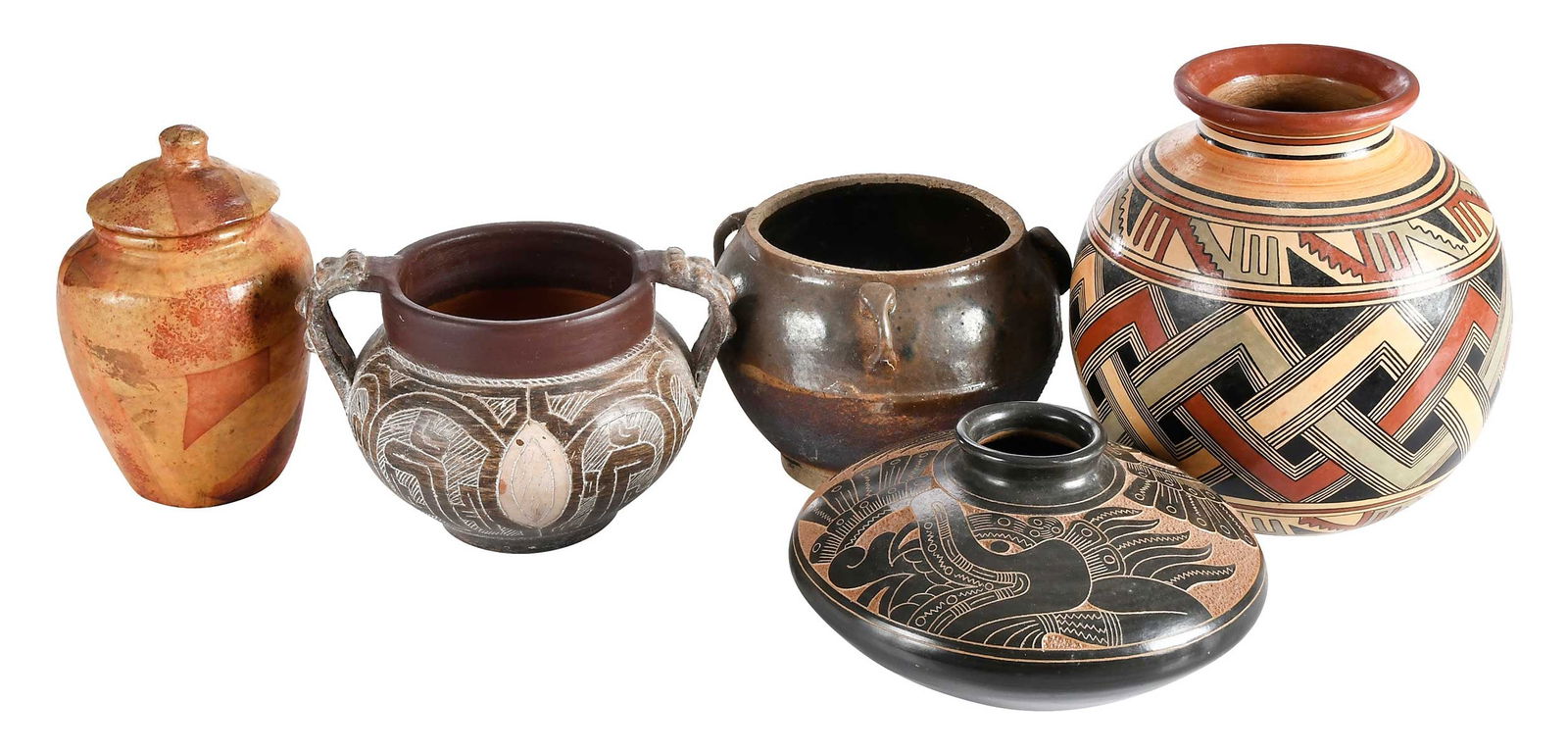 Five Ethnographic Pottery Vessels, Jimmy Carter Provenance: comprising: Manaus, Brazil incised vessel, signed and dated to base "Pucinha/PA" and "Manaus, Brazil/'97"; Nicaraguan polychrome vessel with note reading "Gift of wife of Ortega, when he was Pres. of