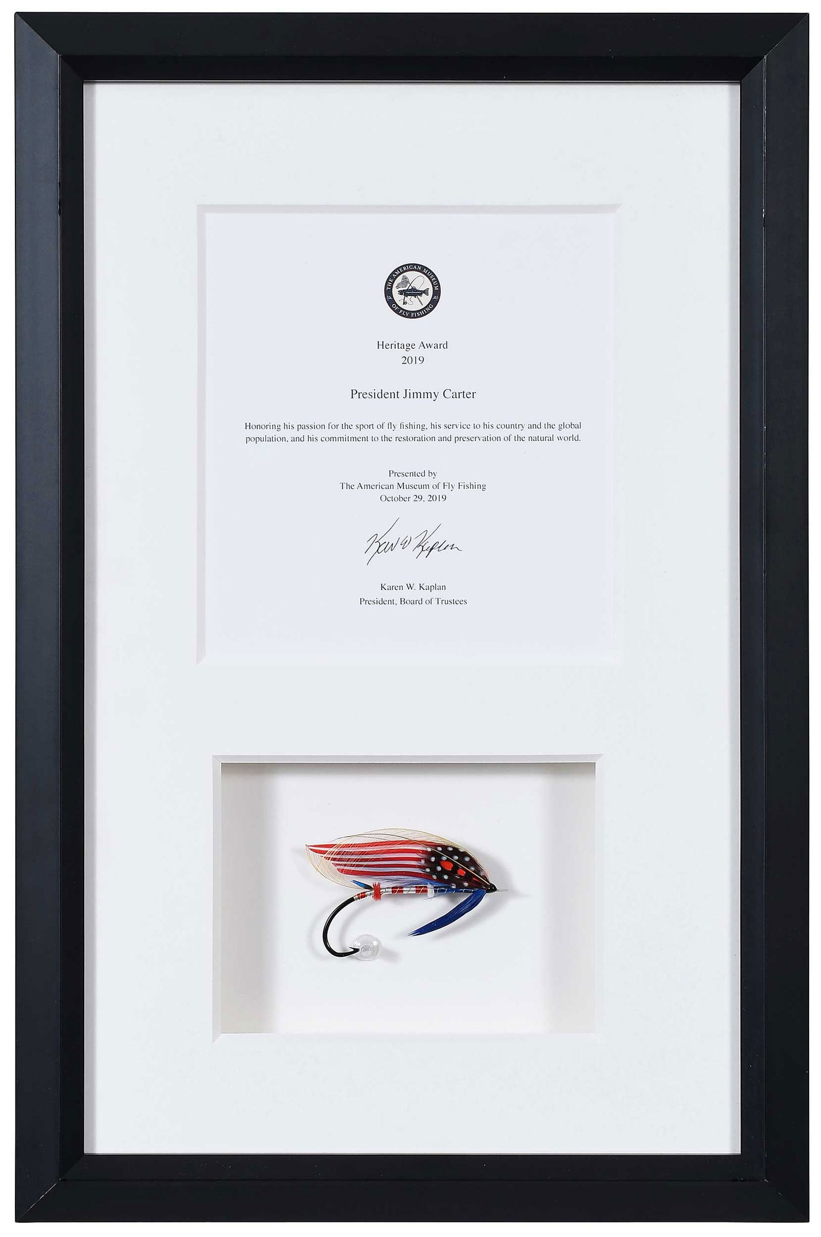 Framed Heritage Award Presented to Jimmy Carter by the American Museum of Fly Fishing (1 of 5)