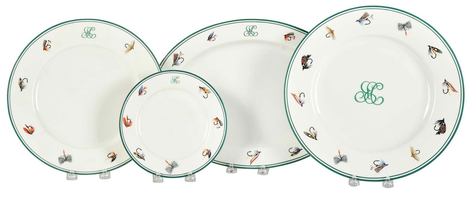 19 Piece Jimmy Carter Personalized Woodmere Fly Fishing Partial Dinner Service: American, 20th century, most pieces with monogram "JEC", each marked to base "Made Expressly for Jimmy Carter's Walnut Mountain Cabin, Ellijay, Georgia", comprising: six dinner plates; seven plates; o