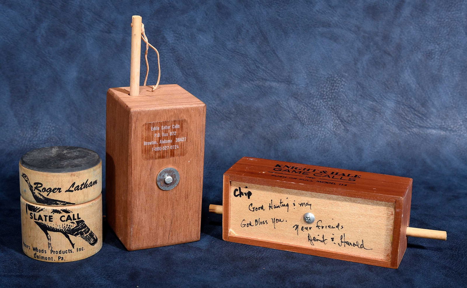 Three Wood Hunting Calls, Jimmy Carter Provenance: comprising: "Knight & Hale Push and Pull Model 114" inscribed to base "Chip/Good Hunting & may God Bless you./Your friends/Bart & Harold"; "Roger Latham Slate Call" by Penn's Wood Products Inc.; "Eddi
